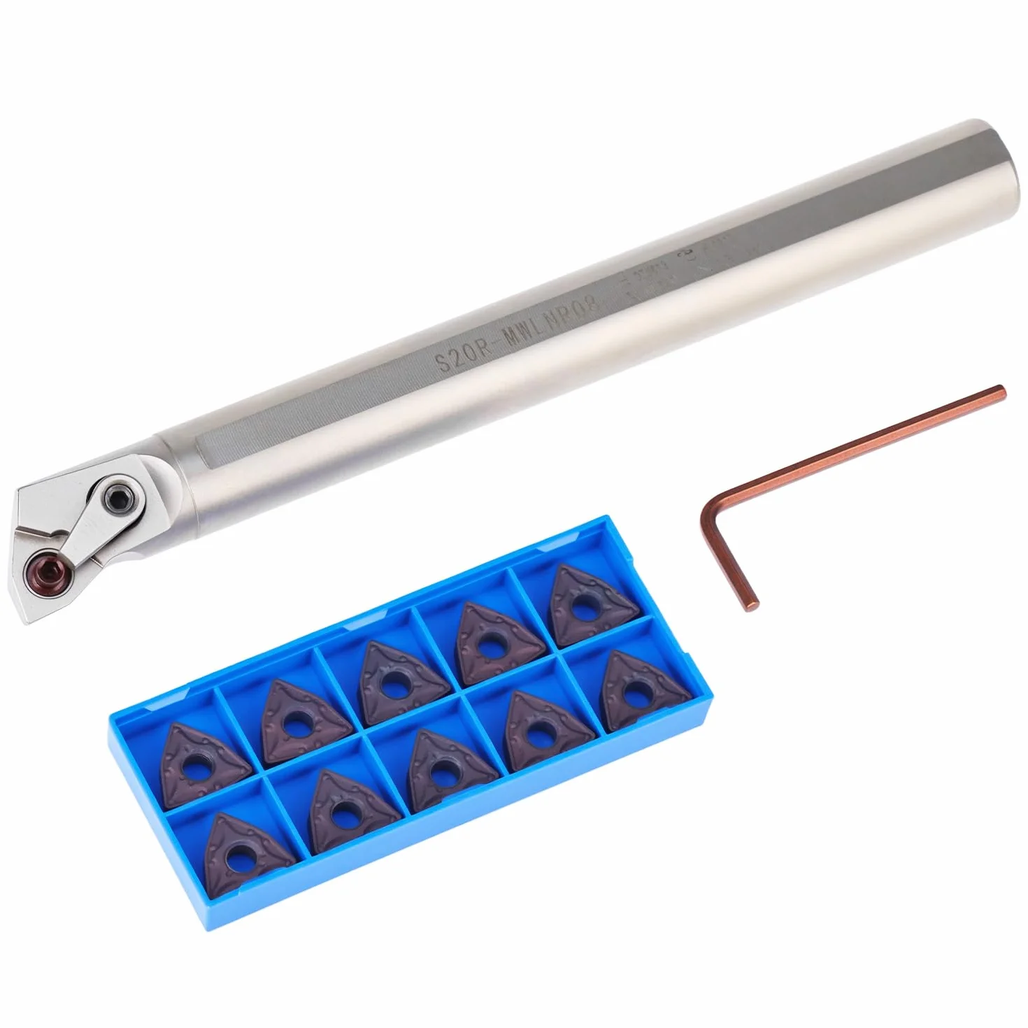 QWORK® uchwyt na narzędzia tokarskie wytaczany 20 mm S20R-MWLNR08 z 10 frezami z węglików spiekanych WNMG432 i kluczem