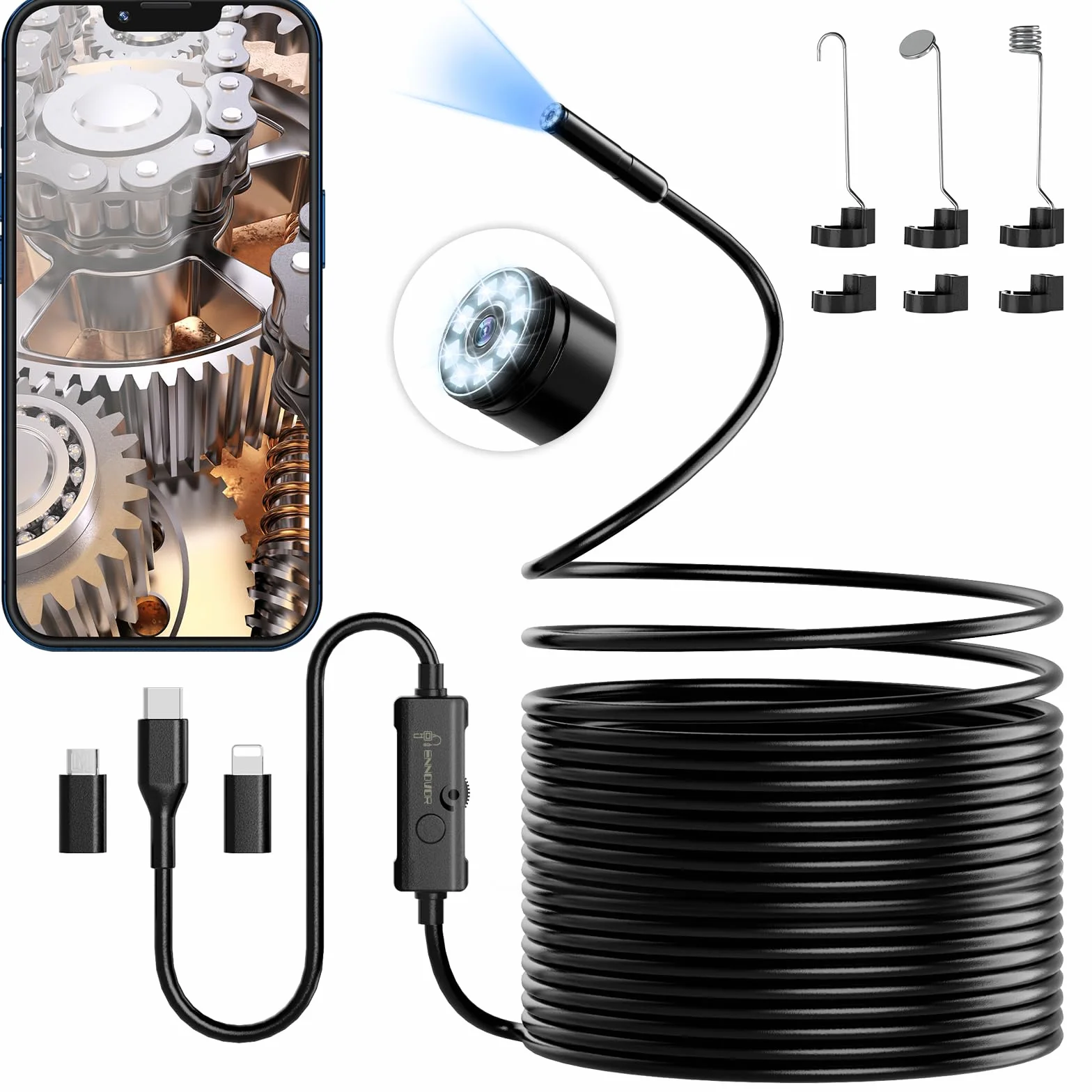 Ennovor Endoskopowa kamera inspekcyjna 1920P HD 10 m IP67 7,9 mm sonda rurowa do iOS Android