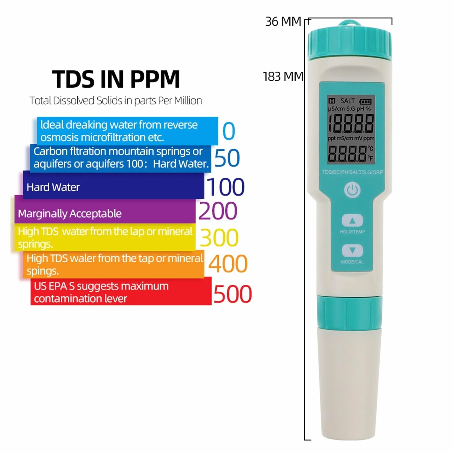Miernik TDS COM-600 7 w 1 PH TDS EC ORP Zasolenie S. G Miernik temperatury Tester monitora jakości wody IP67 Do wody pitnej, akwariów Miernik PH Nadaje się do basenów, akwariów, studni(With Backlight)