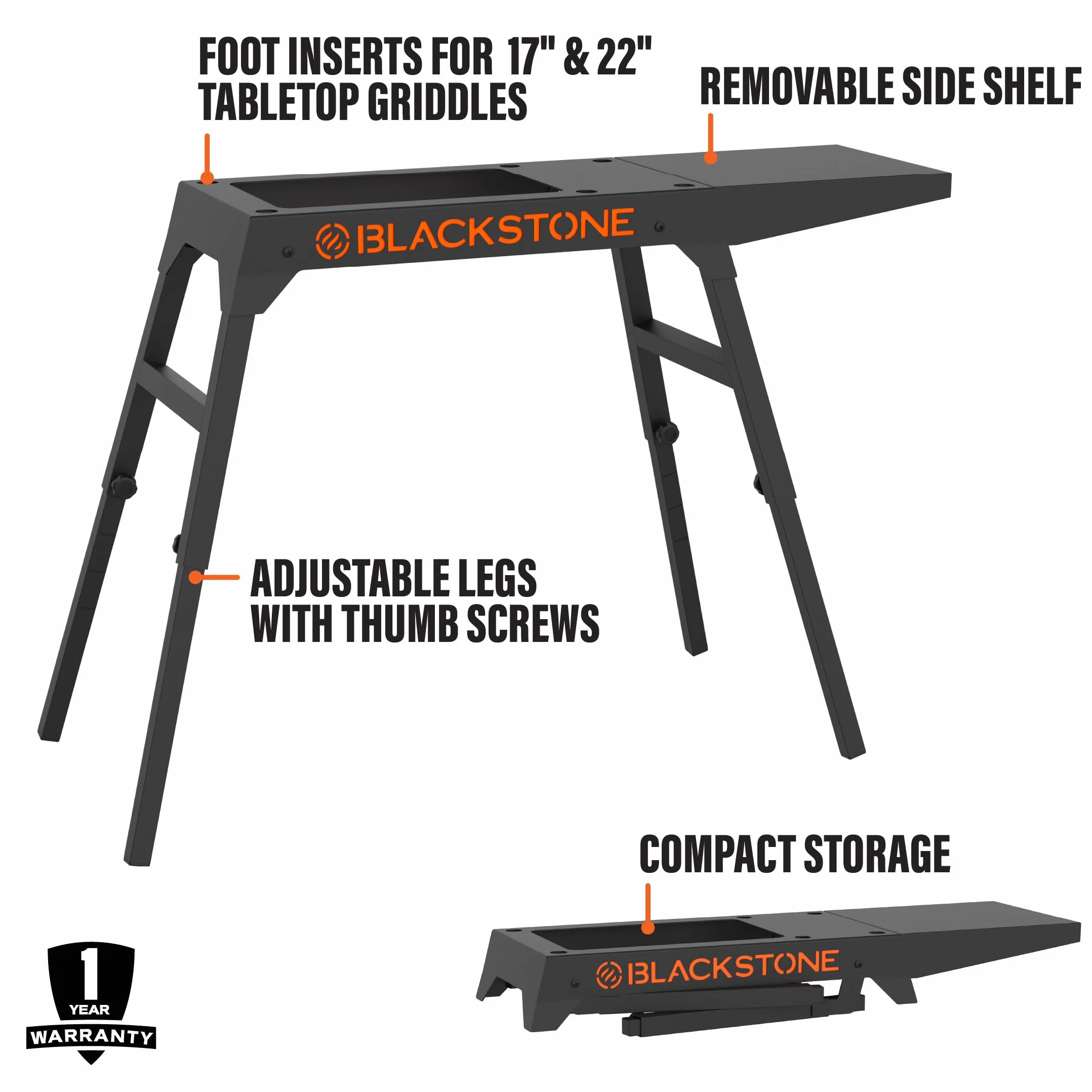 Blackstone 5013 Uniwersalny, metalowy, czarny, rozmiar podstawki na nogi z boczną półką jest dopasowany do siatek stołowych 43 cm lub 56 cm