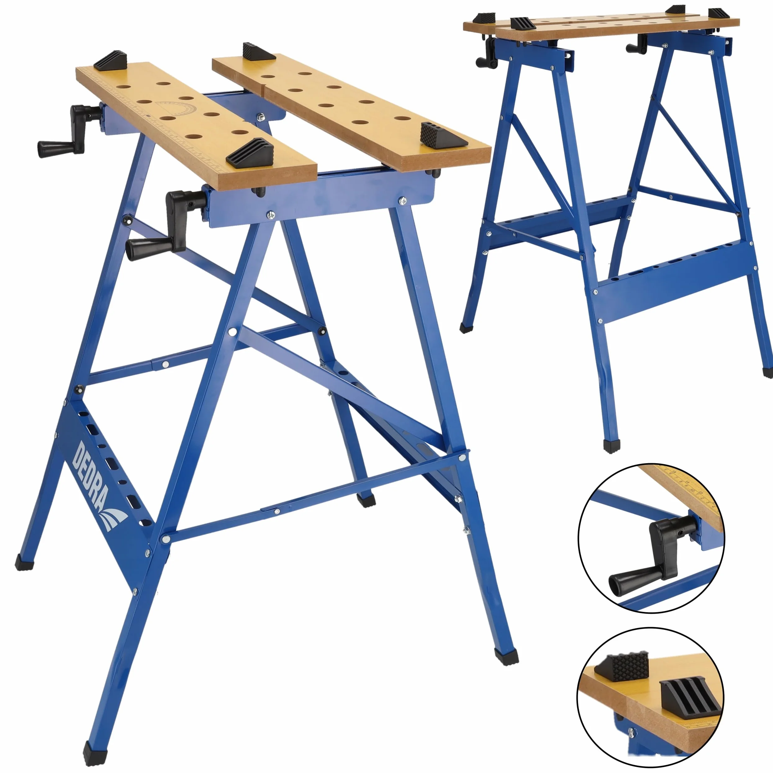 Dedra N111 – składany stół warsztatowy 100 kg, stal + płyta MDF 18 mm, regulacja szerokości blatu, zaciski w zestawie, wysokość 76 cm, długość 56 cm