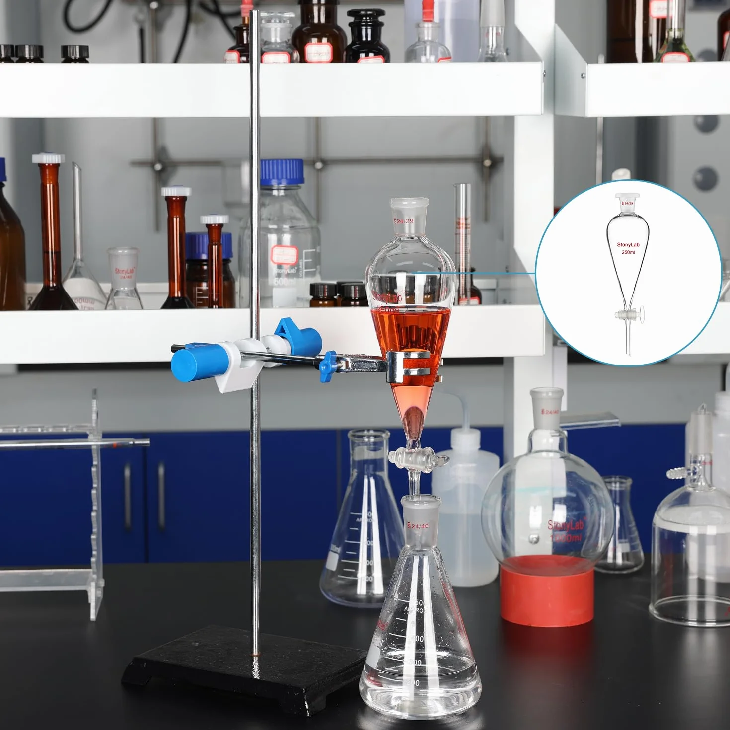 stonylab Rozdzielacz z Zaworem Szklanym, Lejek z Borokrzemianowego Szkła ze Złączem 24/29 do Precyzyjnego Rozdzielania Cieczy w Laboratorium, 500 ml