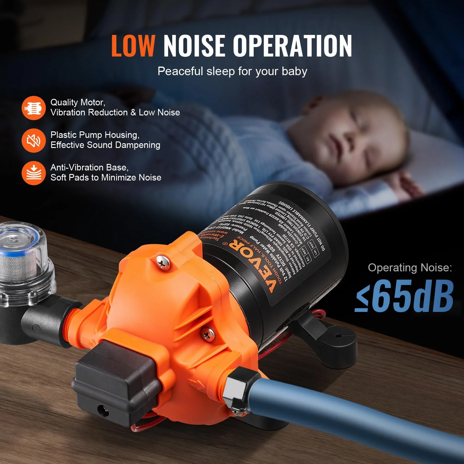VEVOR Pompa membranowa 12 V, 1,8 GPM, 6,81 l/min, 3-komorowa pompa wodna 12 V DC z automatycznym wyłącznikiem ciśnienia 40 – 100 PSI, 60 PSI, port MNPT do kamperów, jachtów, kamperów, kamperów, łodzi