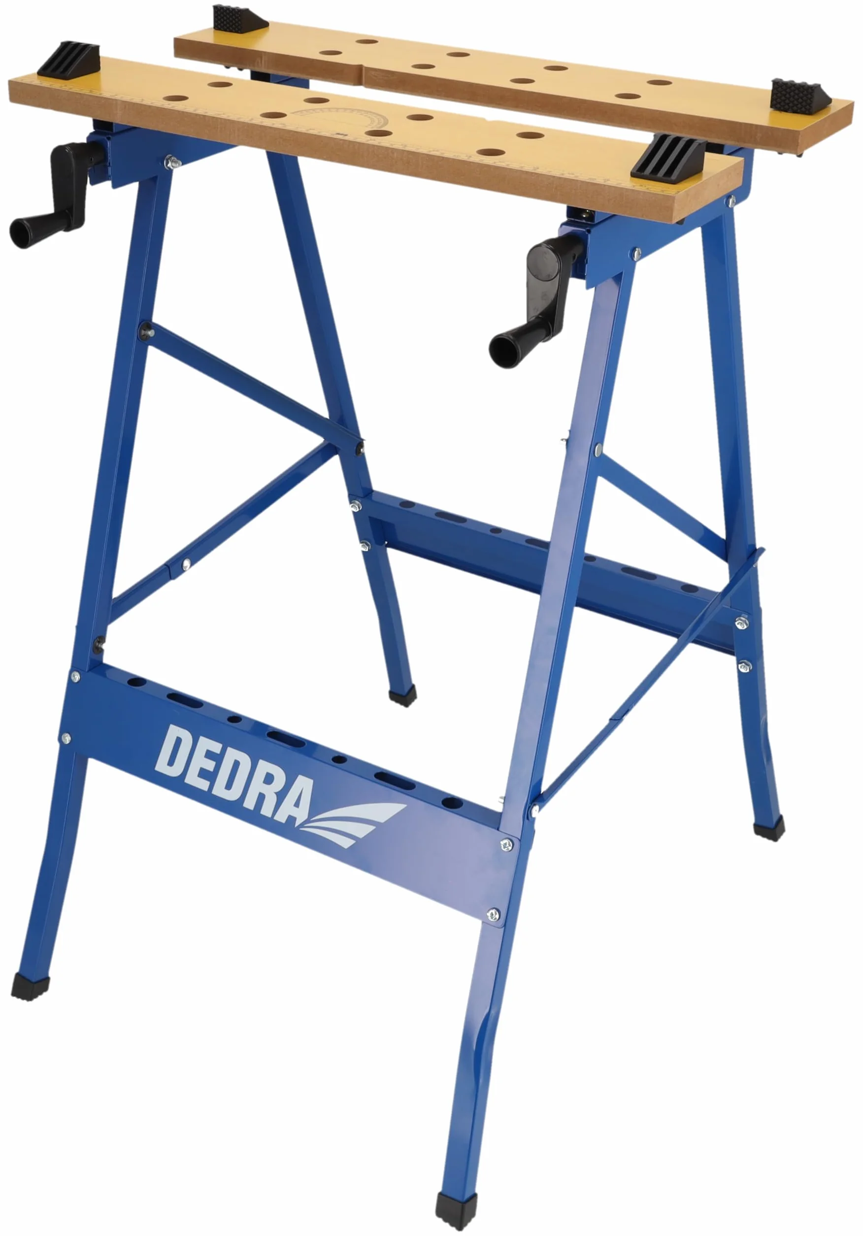 Dedra N111 – składany stół warsztatowy 100 kg, stal + płyta MDF 18 mm, regulacja szerokości blatu, zaciski w zestawie, wysokość 76 cm, długość 56 cm