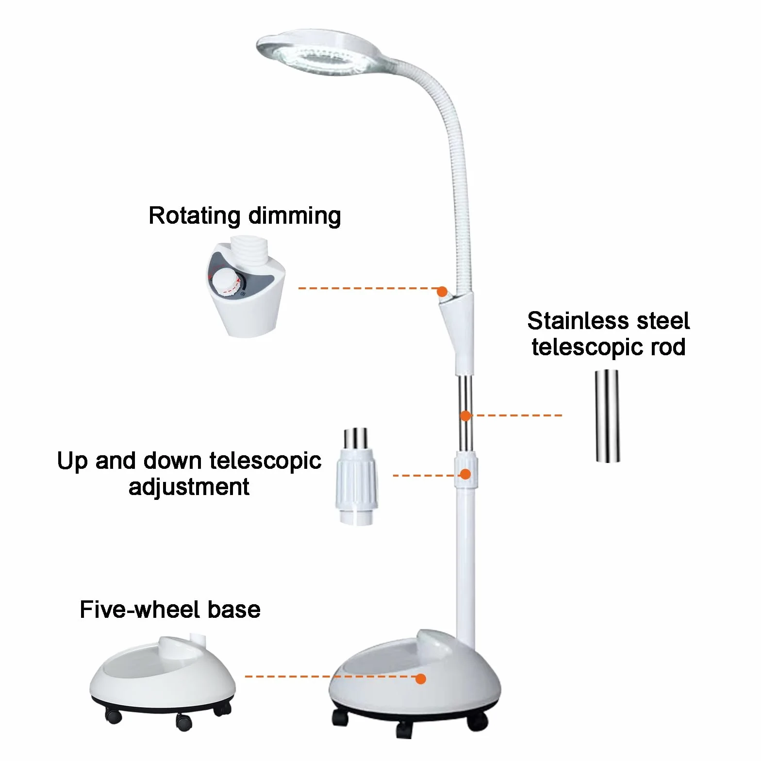 Mobilna Lampa do Badań Chirurgicznych, Lampa do Badań Na Kółkach, z 8-Krotną Lupą, Elastyczna Lampa do Badań na Gęsiej Szyi