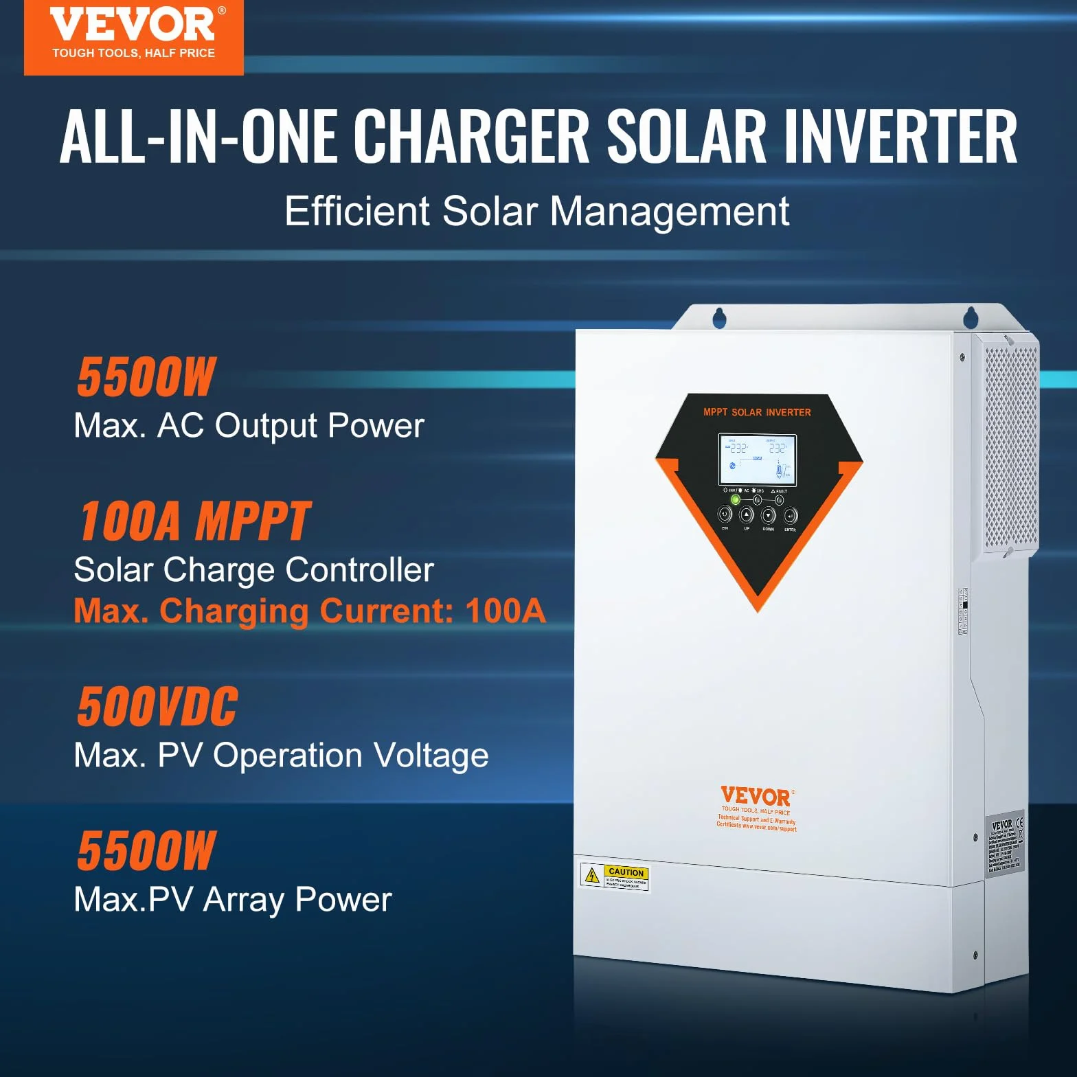 VEVOR Hybrydowy inwerter 5500 W, hybrydowy falownik solarny ładowarka zewnętrzna czysta fala sinusoidalna 230 V AC z wbudowanym kontrolerem ładowania słonecznego MPPT 100 A, ładowanie hybrydowe,