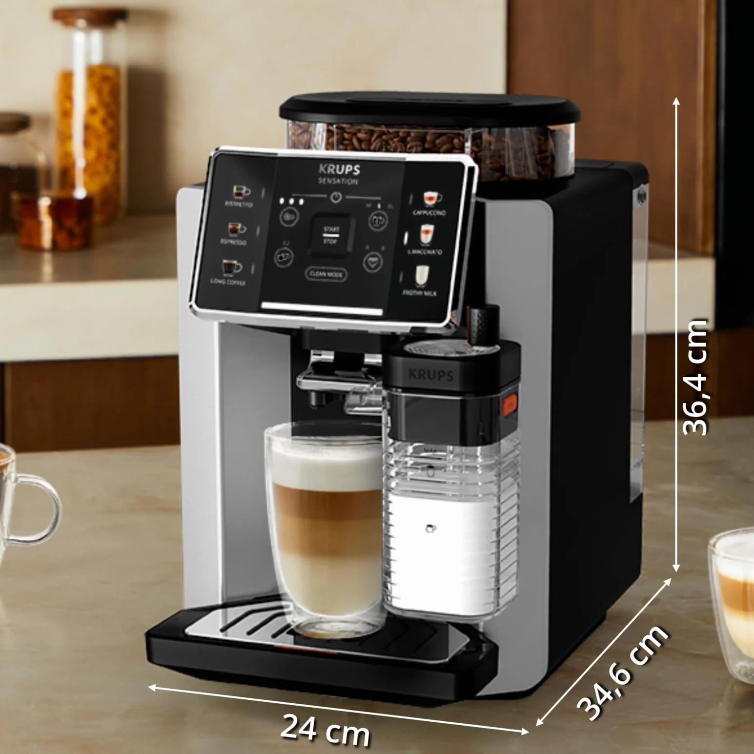 KRUPS EA912E Ekspres automatyczny SENSATION MILK M50 System Milk Maestro, 6 rodzajów kawy, wyświetlacz LED, system Thermoblock, automatyczne czyszczenie tabletką, stalowy młynek, czarno-srebrny