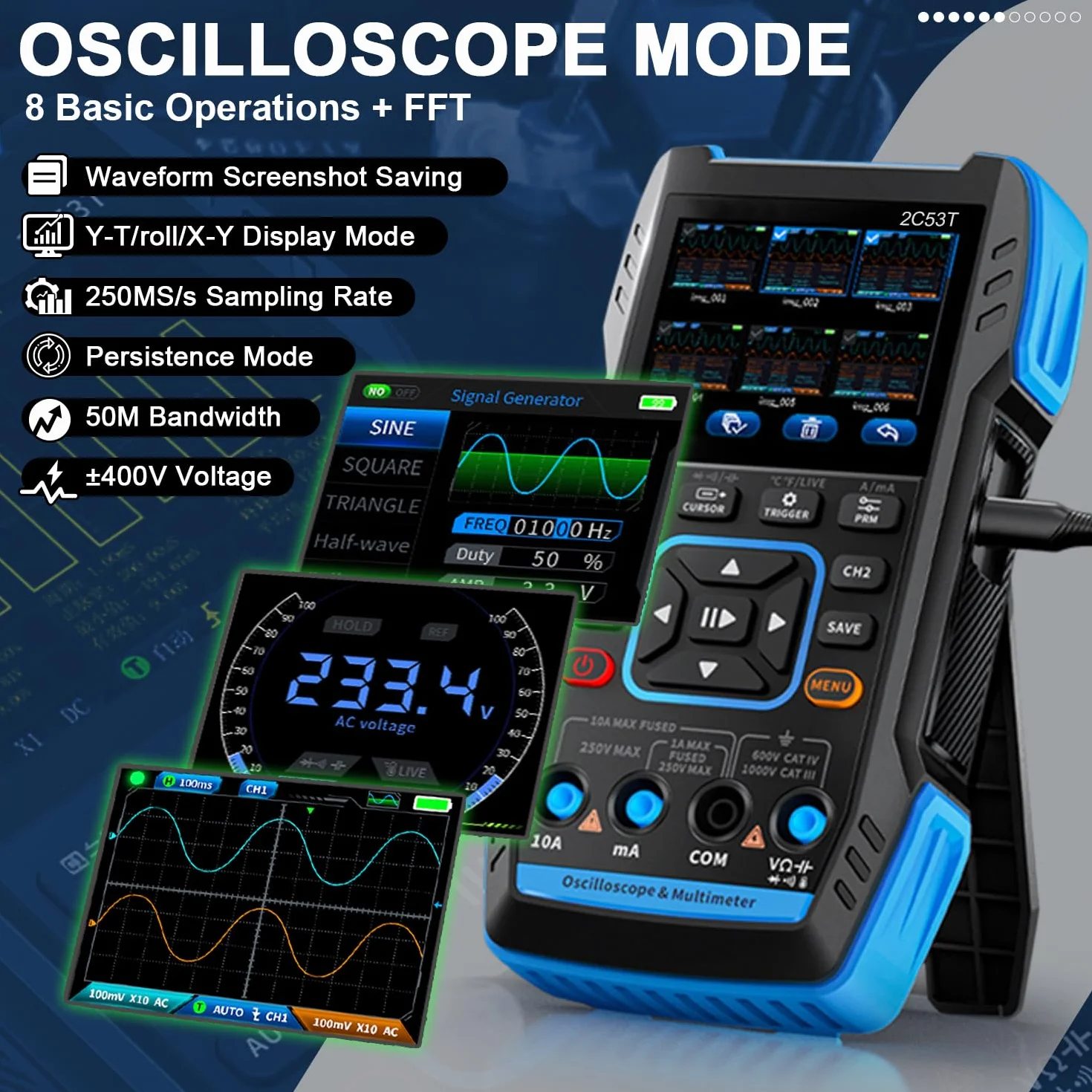 Handheld oscyloskop 3 w 1 Upgrade cyfrowy oscyloskop, multimetr, generator DDS z podwójnym kanałem, częstotliwość próbkowania 250 MS/s, szerokość pasma 50 MHz, liczenie 19999, napięcie, prąd