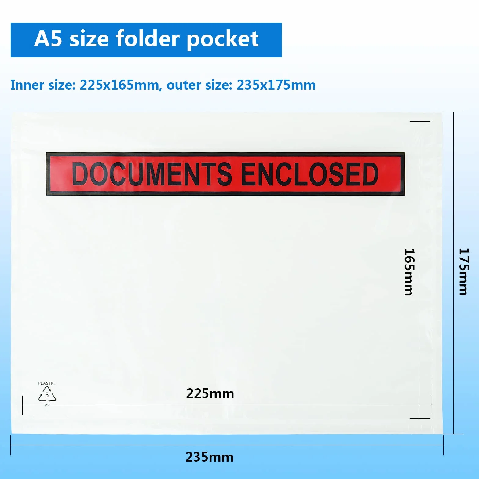 Koperty z przezroczystego tworzywa sztucznego A5 225 x 165 mm odpinane i zamykane na dokumenty (100 sztuk)
