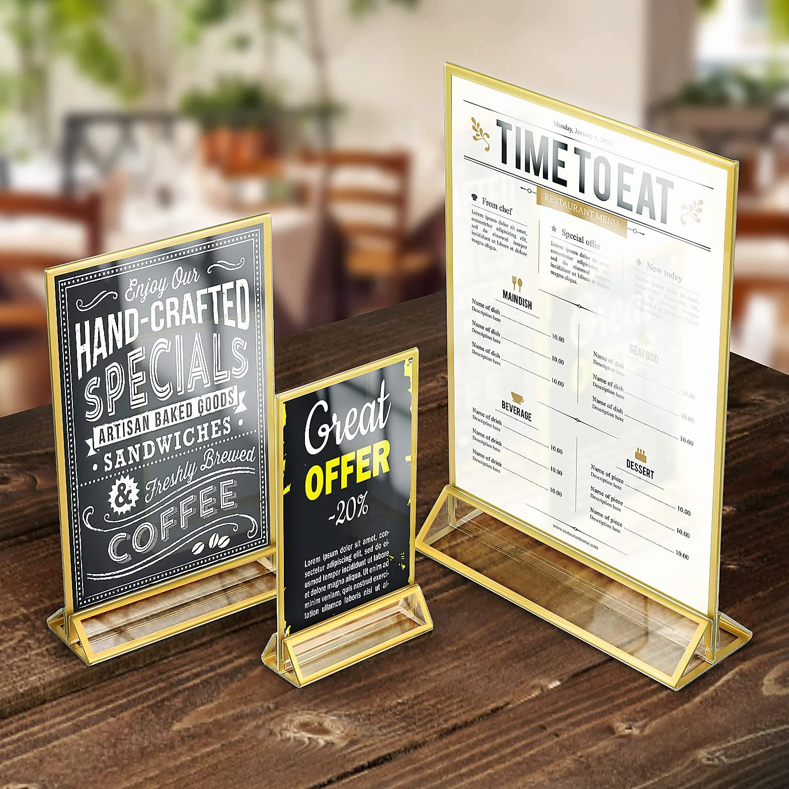efuturetime Akrylowy stojak stołowy, 12 x A6, dwustronny, złoty, stojak T, uchwyt na karty menu, ramka na zdjęcia, numery stołów weselnych, kawiarni, restauracji