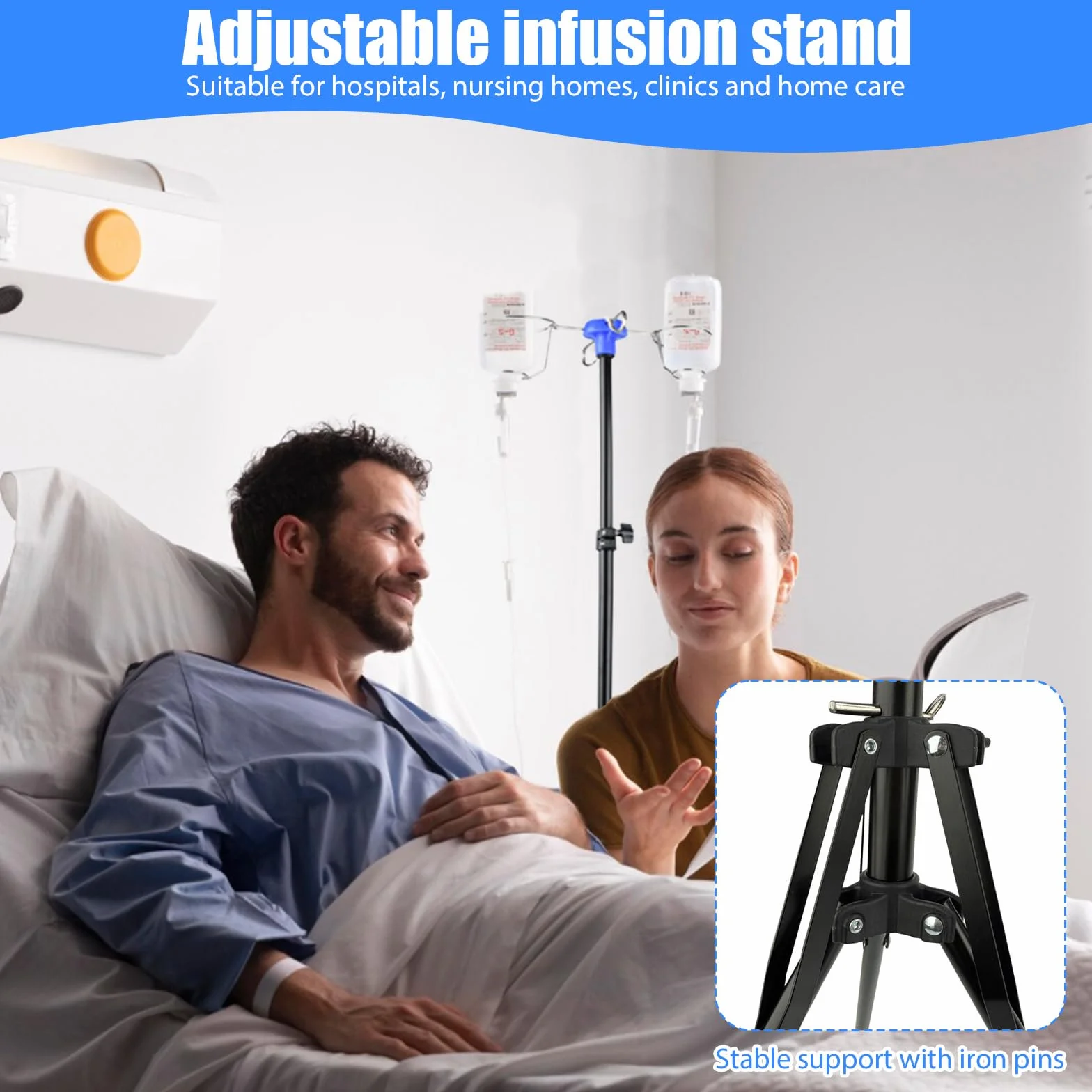 Regulowany stojak na infuzję, składany drążek IV, regulacja wysokości 87-190 cm, ociekacz z 4 haczykami i praktycznym uchwytem na ampułki, ze stabilnym statywem, do szpitala i domowej pielęgnacji
