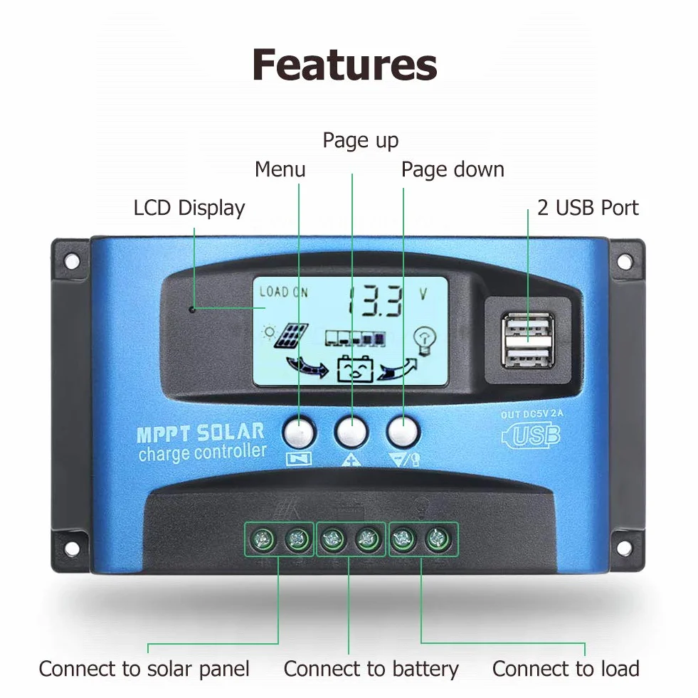 SolaMr 40A Solar Charge Controller 12V/24V Solar Panel Battery Charge Regulator z wyświetlaczem LCD i podwójnym portem USB - 40A