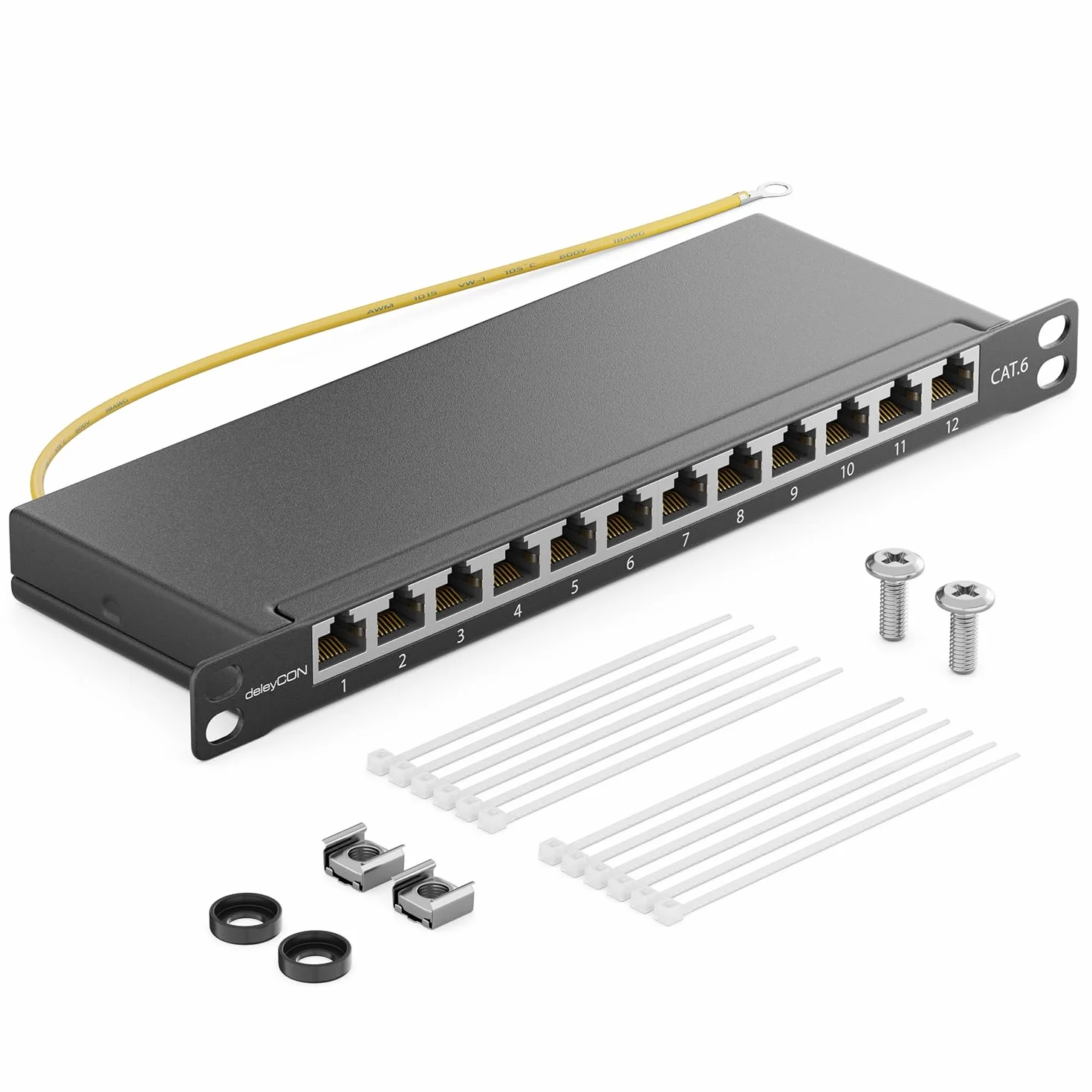 deleyCON CAT 6 0.5U Patch Panel Mini Patch Panel 12 Portów - Desktop 10 Cali Montaż w Szafie Serwerowej RJ45 Ekranowany TIA568A TIA568B RAL 9005 Czarny