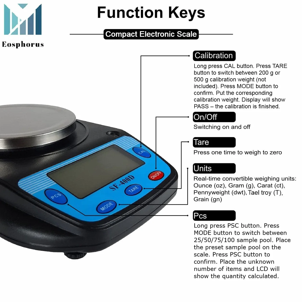Eosphorus Cyfrowa Waga Analityczna 600g x 0,01g LCD do Laboratoriów i Szkół z Ładowarką USB