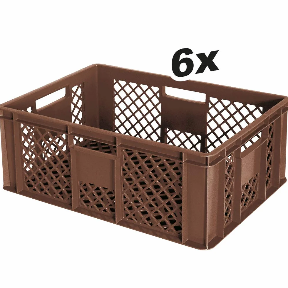 6 x pojemnik euro/kosz do układania w stos, jakość przemysłowa, nadaje się do kontaktu z żywnością, 600 x 400 x 240 mm, brązowy
