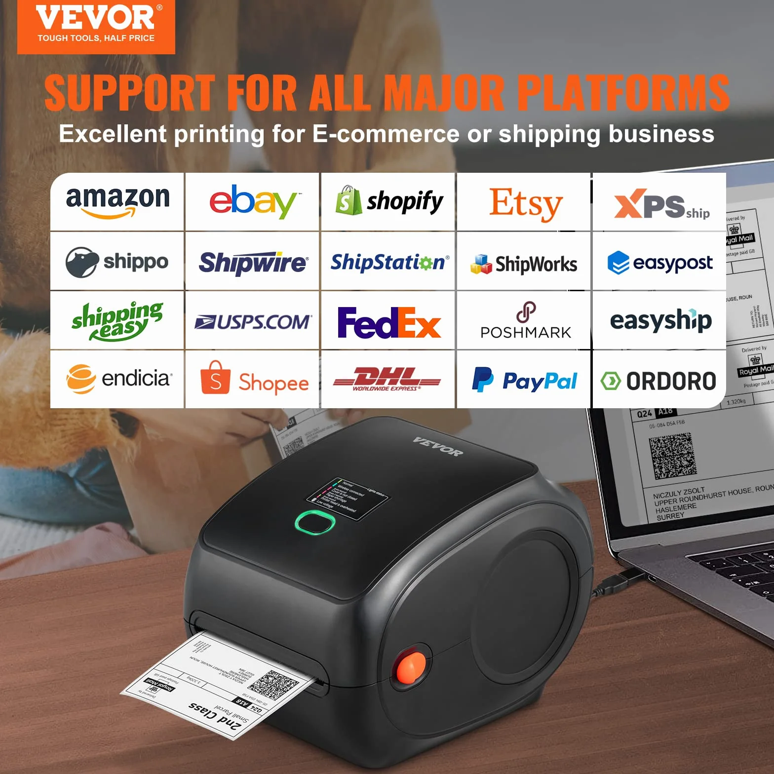 VEVOR Drukarka termiczna Bluetooth, drukarka etykiet Edesive 4x6, etykieciarka termiczna kompatybilna z Windows/MAC OS/Linux/Chromebook, obsługuje DHL, USPS, FedEx, Shopify, Ebay, Amazon itp.