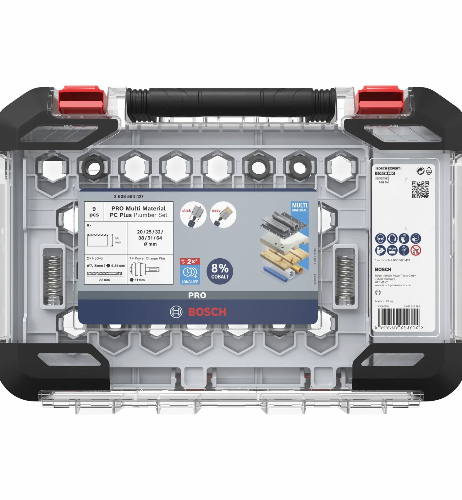 Bosch 9 x PRO Multi Material Power Change Plus zestaw otwornic – przezroczyste etui (do miękkiego drewna, płyt kartonowo-gipsowych, Ø 20-64 mm, profesjonalne akcesoria do wiertarki/wkrętarki)