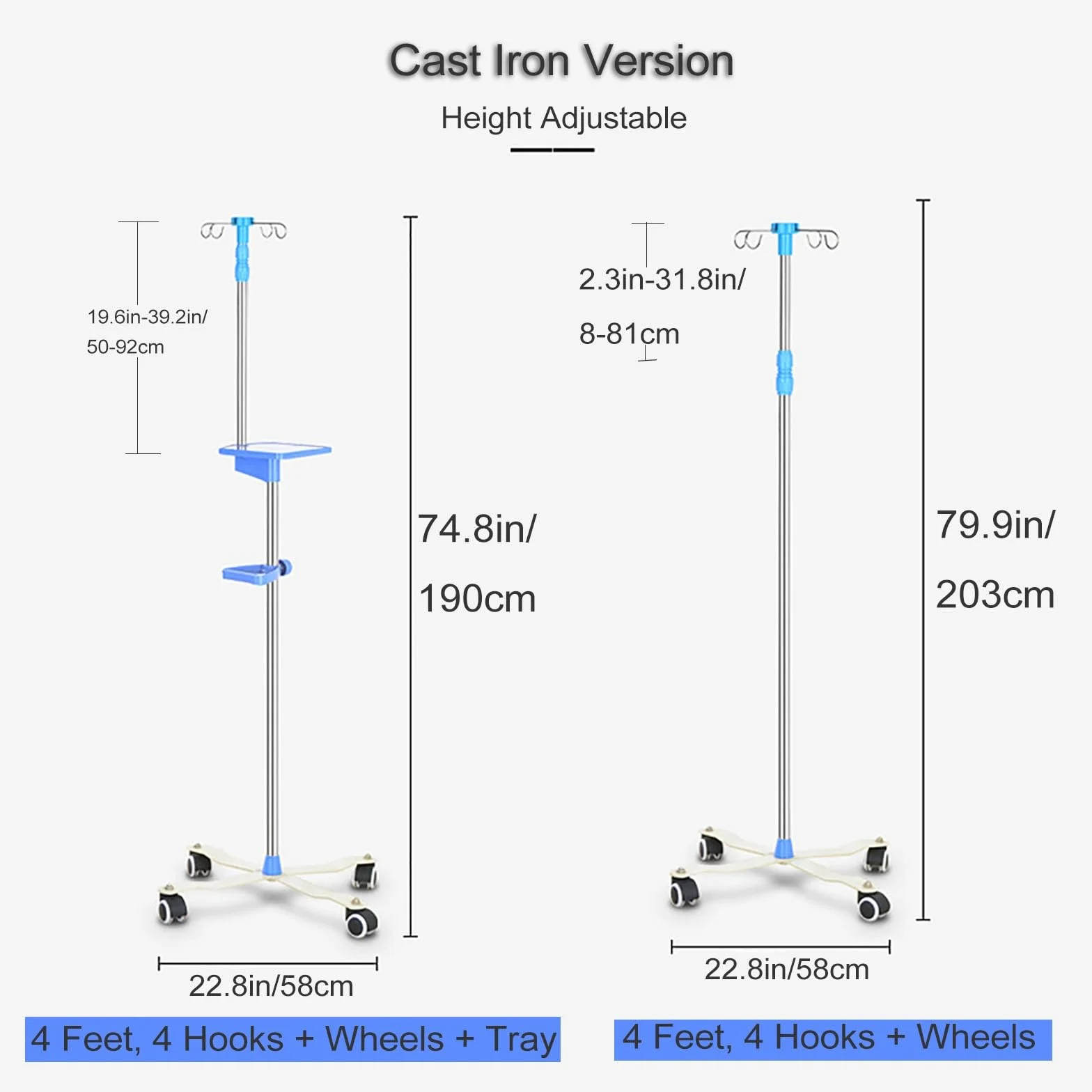 IV Pole Portable Rolling IV Poles IV Stands 4 Hook 5 Legs with Adjustable Height (Size : Cast Iron)