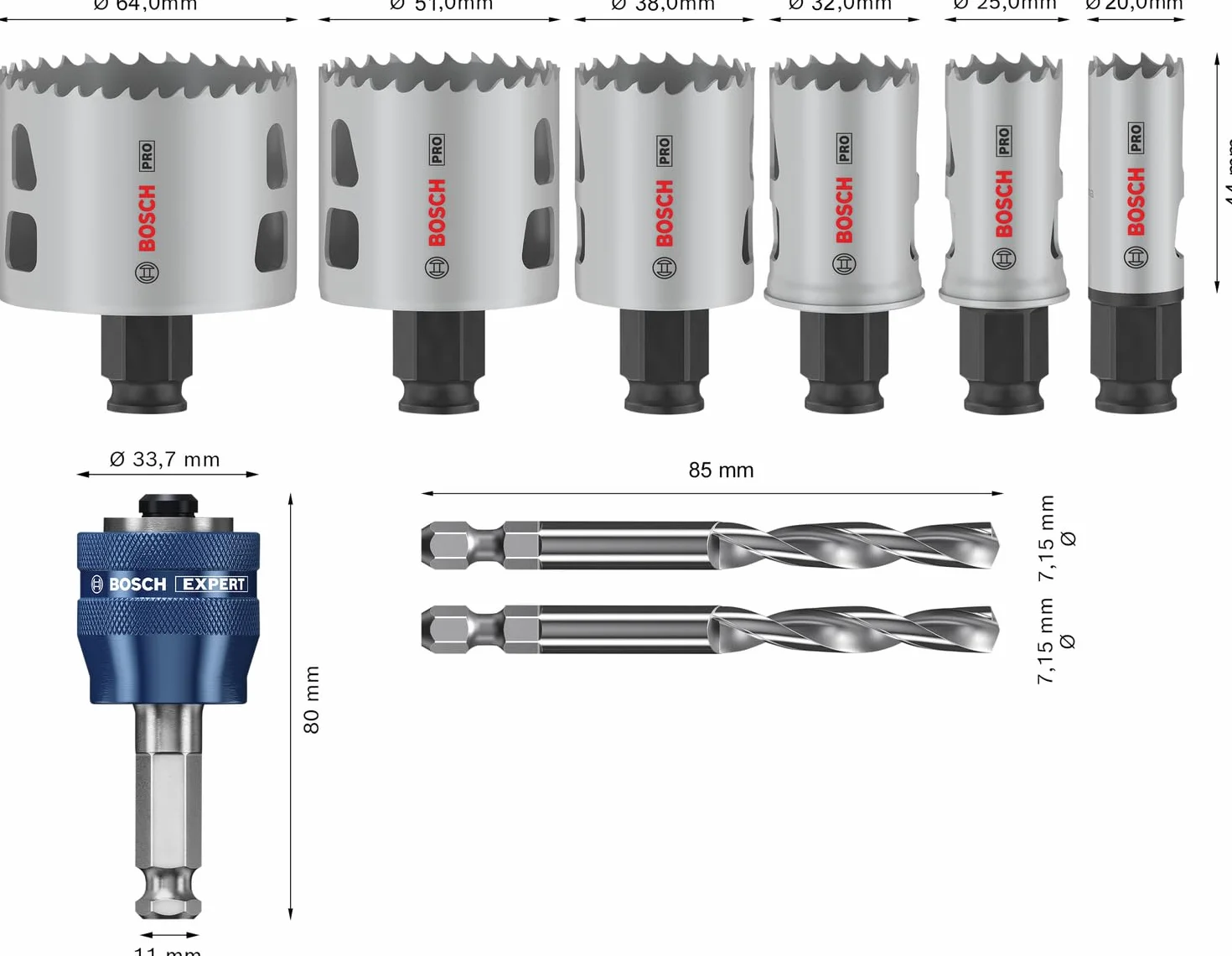 Bosch 9 x PRO Multi Material Power Change Plus zestaw otwornic – przezroczyste etui (do miękkiego drewna, płyt kartonowo-gipsowych, Ø 20-64 mm, profesjonalne akcesoria do wiertarki/wkrętarki)