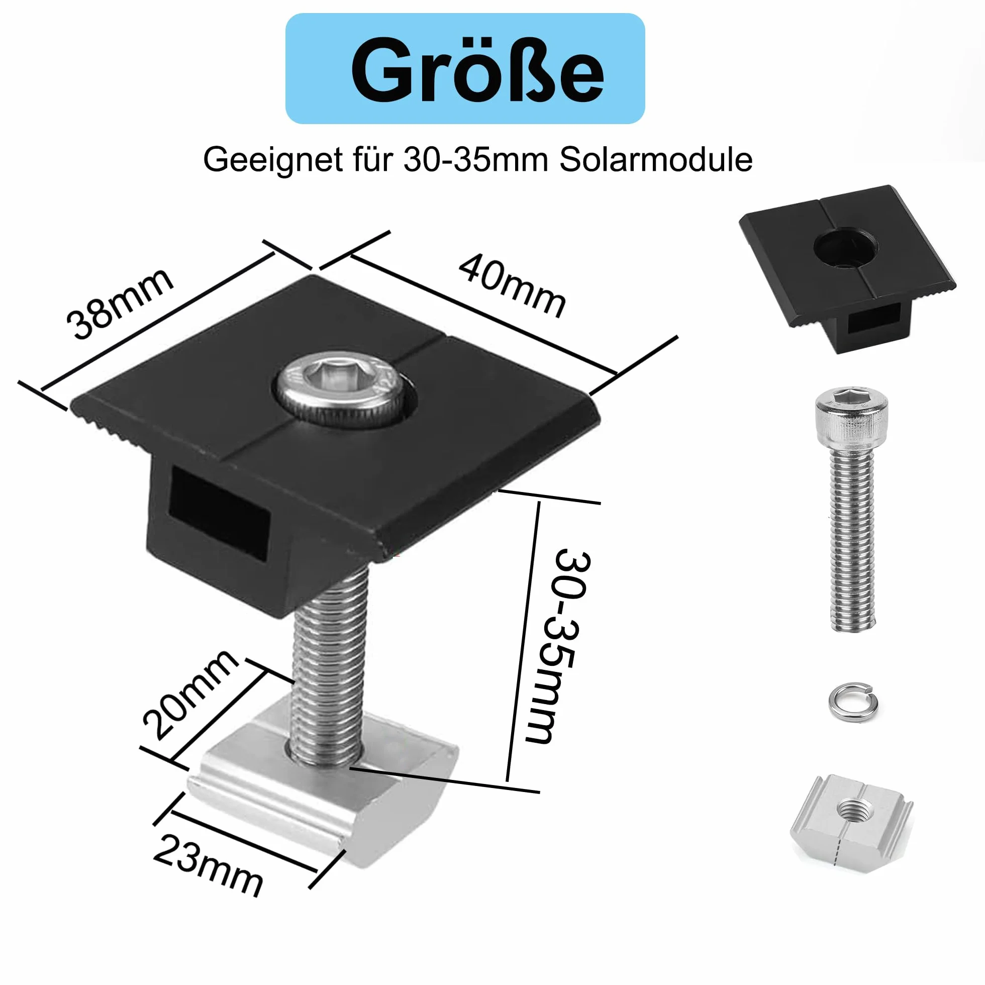 Zaciski końcowe solarne 30 mm, uchwyt aluminiowy T do paneli PV 30-35