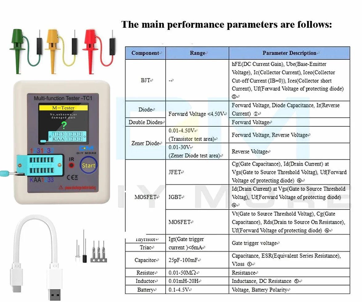 Diymore LCR-TC1 Wielofunkcyjny tester ESR, miernik TFT do tranzystorów, indukcyjności, rezystancji, pojemności, diod, triod, kondensatorów, NPN, PNP, MOSFET