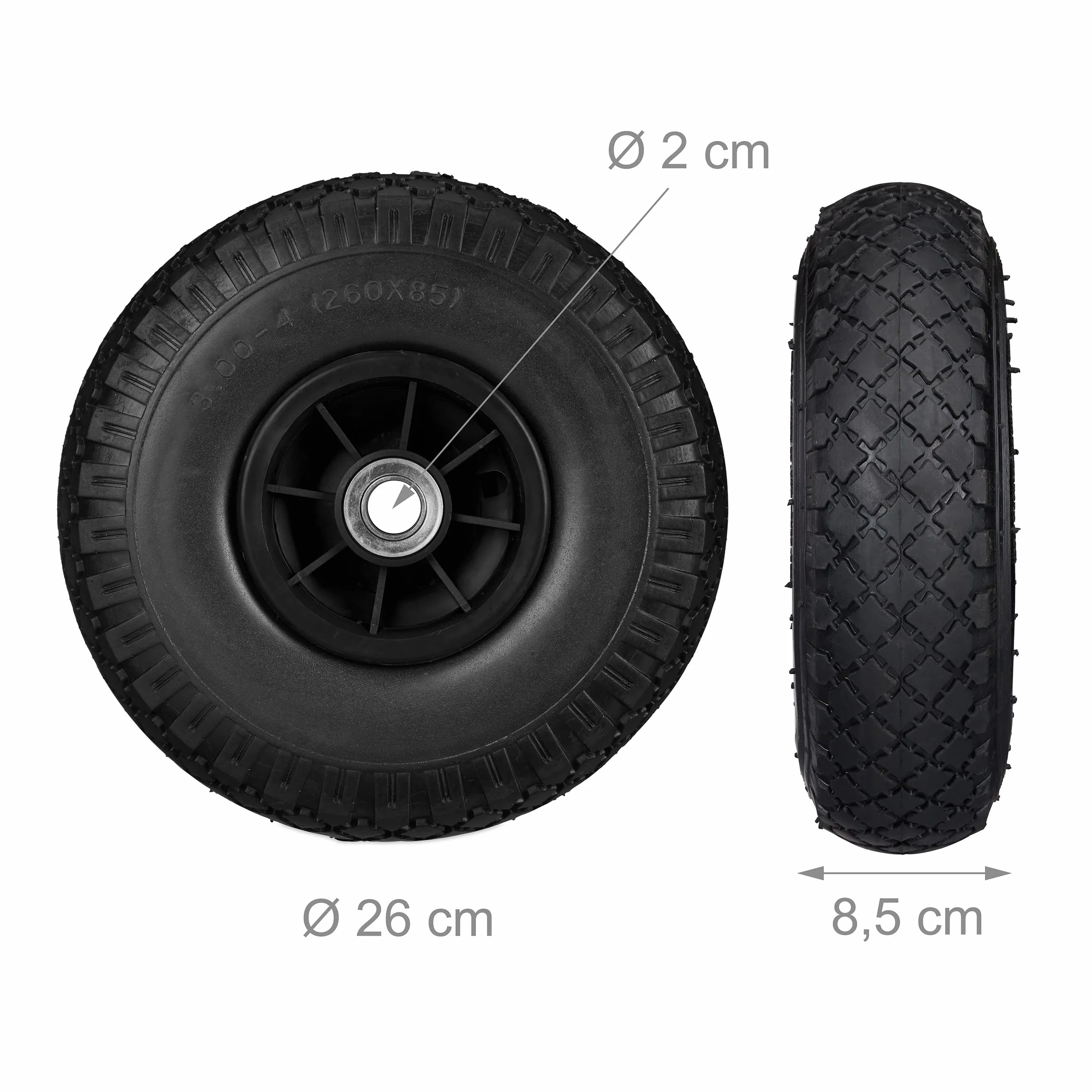 Relaxdays 2x ręczne koło do ciężarówki, opony z litej gumy odpornej na przebicie, 3,00-4 cale, oś 20 mm, do 80 kg, 260 x 85 mm, czarny