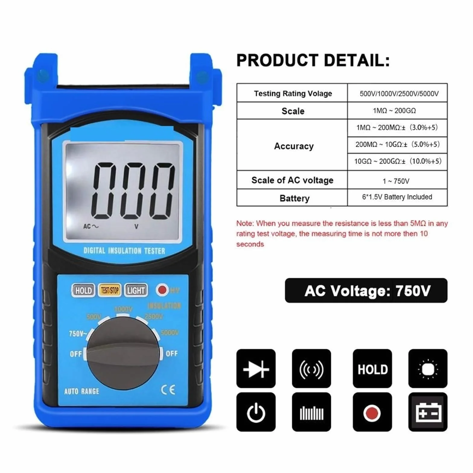 Multimetr cyfrowy Tester rezystancji izolacji 200MΩ Megametr Cyfrowy ręczny miernik 5000V Auto Range Izolowany antymagnetyczny dla precyzyjnych wyników