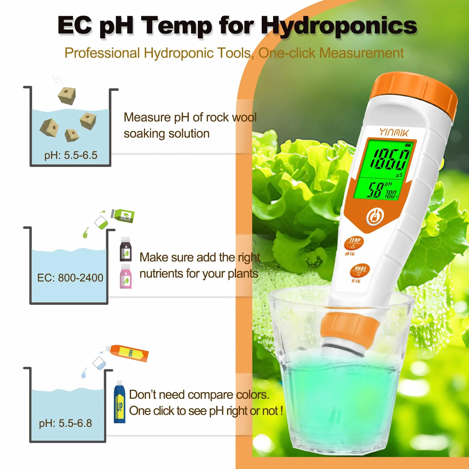 Miernik pH YINMIK 4 w 1 phmetr wyświetlanie jednoczesnego pH EC ppm woda monitoruje ciągłe pH temperatura przewodzący akwarium do basenów akwarium DWC woda ogrodowa hydroponika