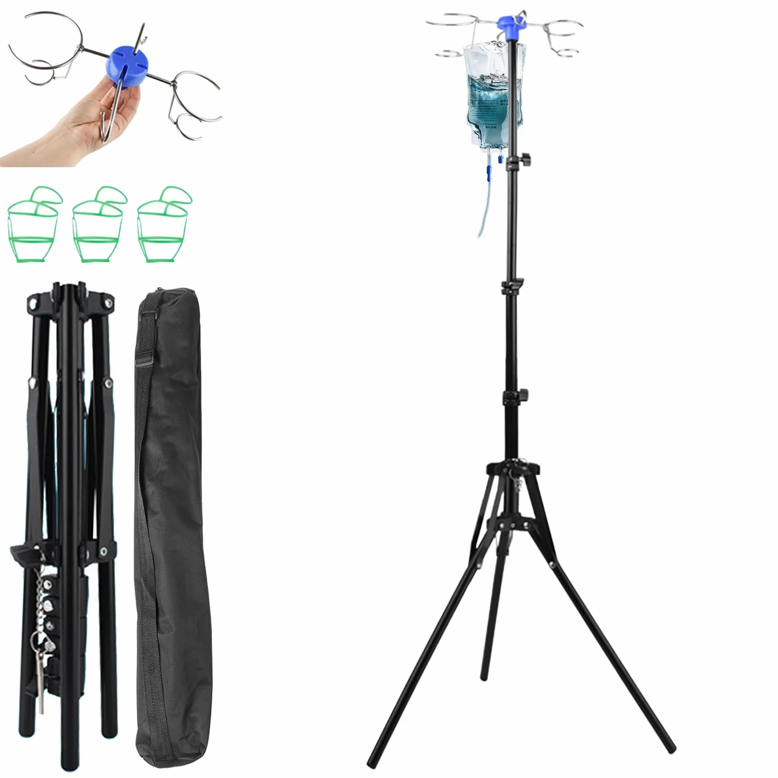Regulowany stojak na infuzję, składany drążek IV, regulacja wysokości 87-190 cm, ociekacz z 4 haczykami i praktycznym uchwytem na ampułki, ze stabilnym statywem, do szpitala i domowej pielęgnacji