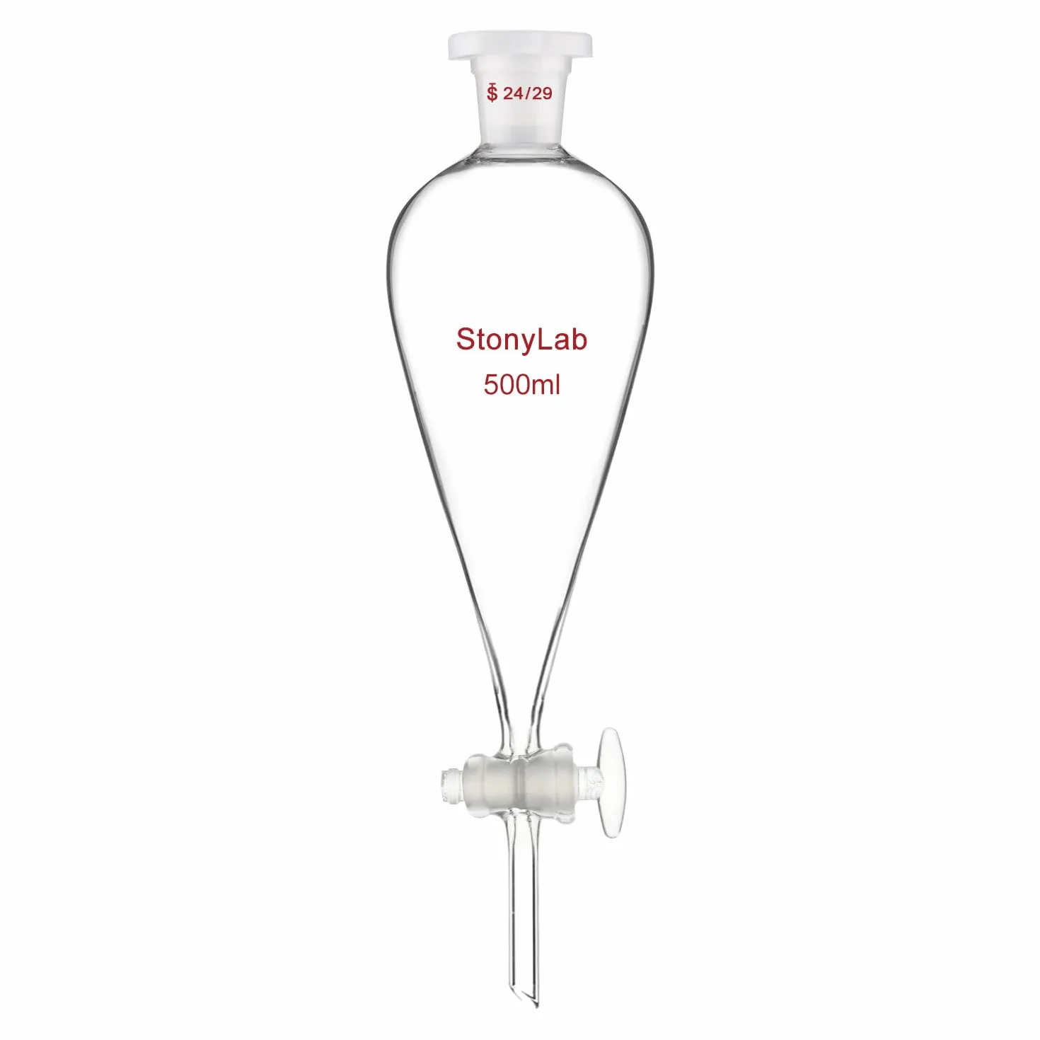 stonylab Rozdzielacz z Zaworem Szklanym, Lejek z Borokrzemianowego Szkła ze Złączem 24/29 do Precyzyjnego Rozdzielania Cieczy w Laboratorium, 500 ml