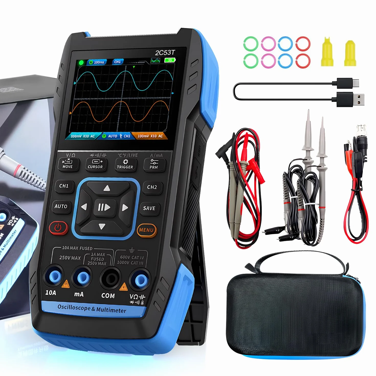 Handheld oscyloskop 3 w 1 Upgrade cyfrowy oscyloskop, multimetr, generator DDS z podwójnym kanałem, częstotliwość próbkowania 250 MS/s, szerokość pasma 50 MHz, liczenie 19999, napięcie, prąd