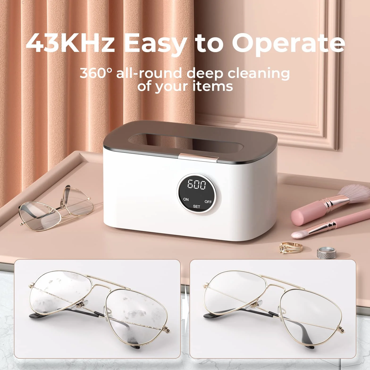 Ultrasonic Cleaner Ultradźwiękowe urządzenie czyszczące, ultrasoniczna myjka z 5 funkcjami czasowymi i cyfrowym wyświetlaczem, 600 ml, do okularów, biżuterii, zegarków, protez, plastik