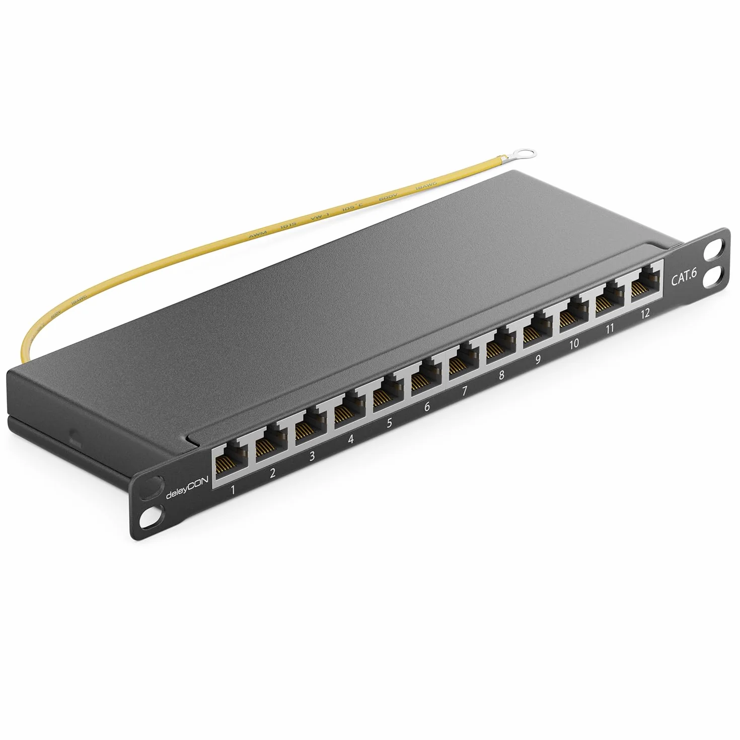 deleyCON CAT 6 0.5U Patch Panel Mini Patch Panel 12 Portów - Desktop 10 Cali Montaż w Szafie Serwerowej RJ45 Ekranowany TIA568A TIA568B RAL 9005 Czarny