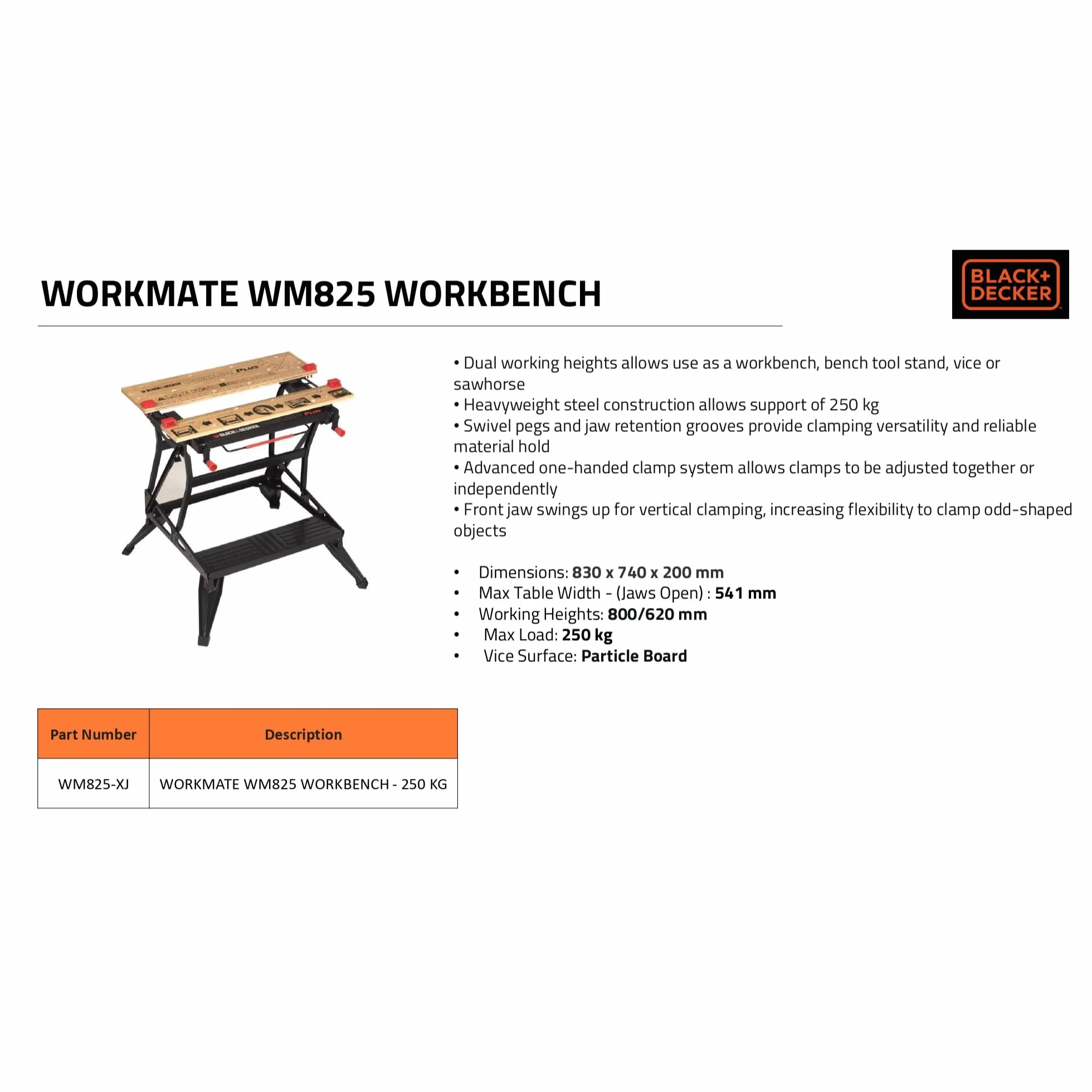 Black+Decker Elastyczny stół warsztatowy WM825 z dużą powierzchnią roboczą – obciążenie do 250 kg – wymiary (powierzchnia robocza): 74,0 x 25,0 cm