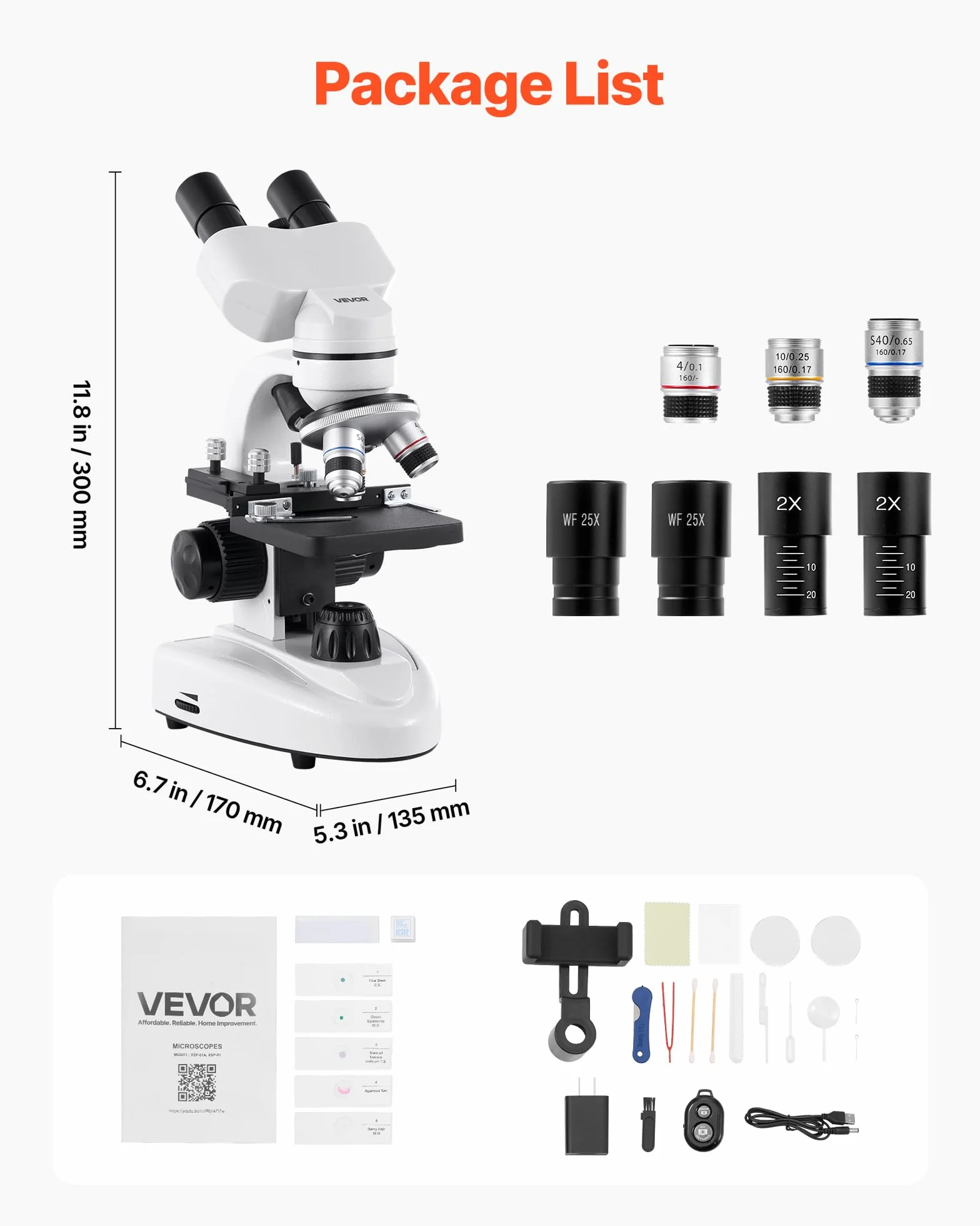VEVOR Mikroskop lornetkowy, zestaw mikroskopu złożonego z powiększeniem 40-2000X, korpus ze stopu aluminium, okulary, światło LED, uchwyt na telefon, dla studentów, laboratorium, szkoły, domu