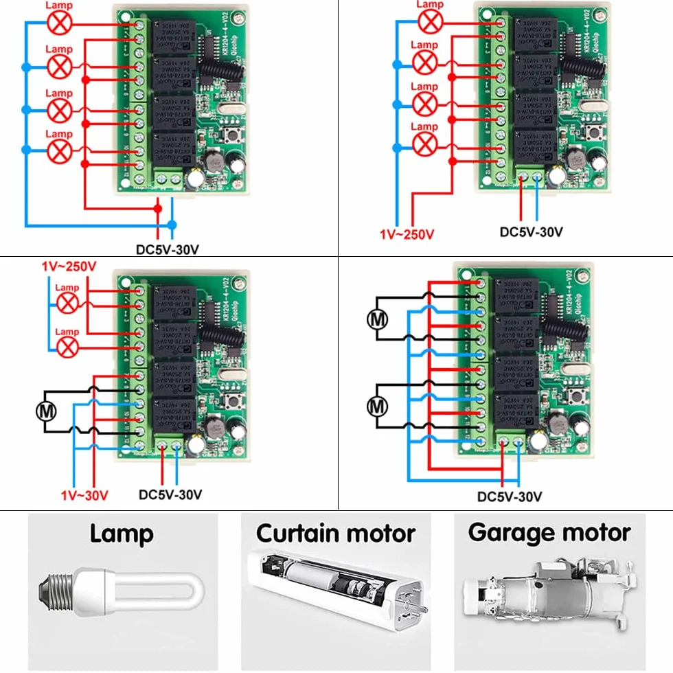 QIACHIP Przełącznik zdalnego sterowania DC 12 V, 24 V, 4CH 433 Mhz RF, moduł odbiornika bezprzewodowego z 4 nadajnikami, do bagażnika ciężarówki, silnika, garażu, zamka elektrycznego