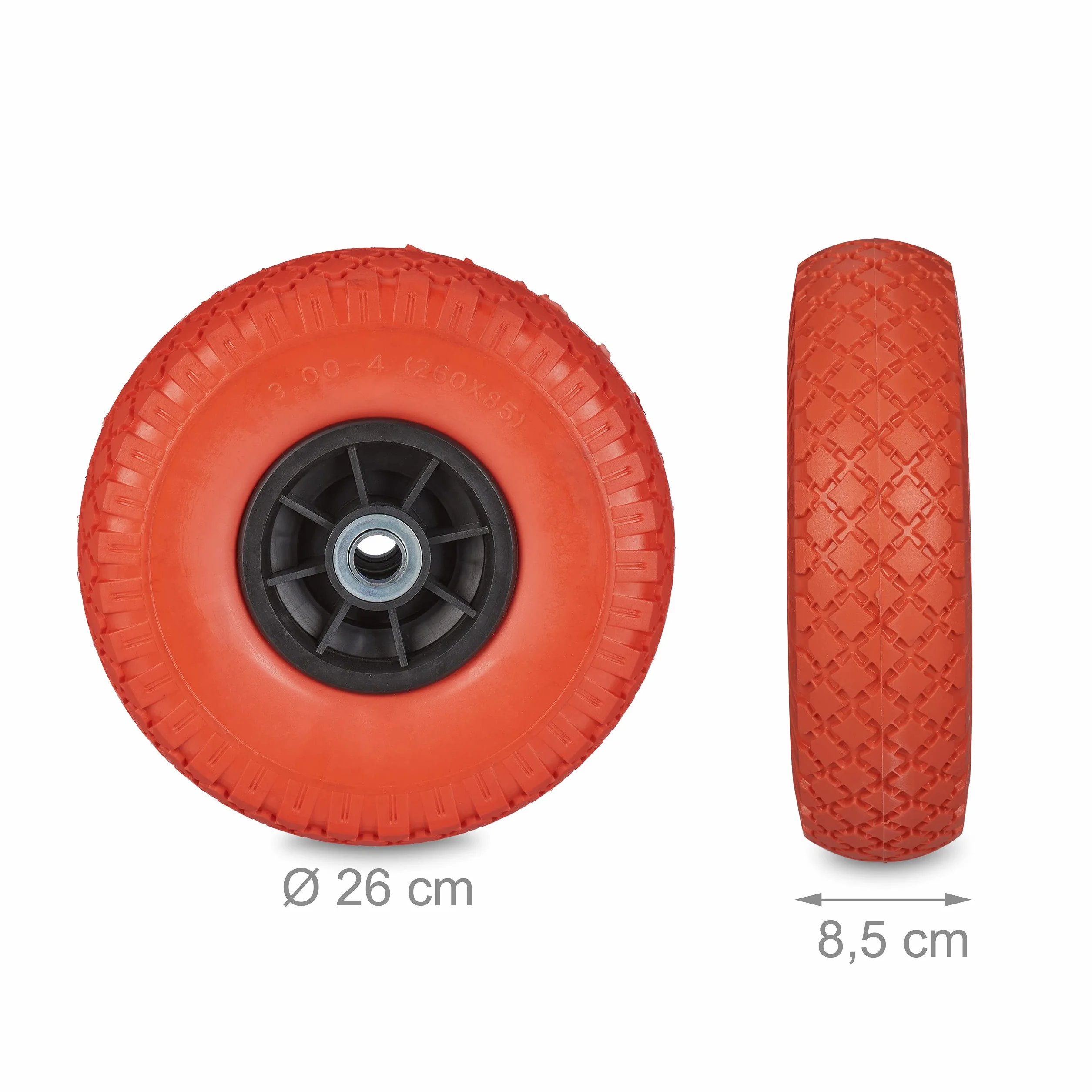 Relaxdays 2 x koło do wózka transportowego, 3,00-4 cala, 260 x 85 mm, odporne na przebicie opony z pełnej gumy, oś 20 mm, do 80 kg, czerwono-czarne