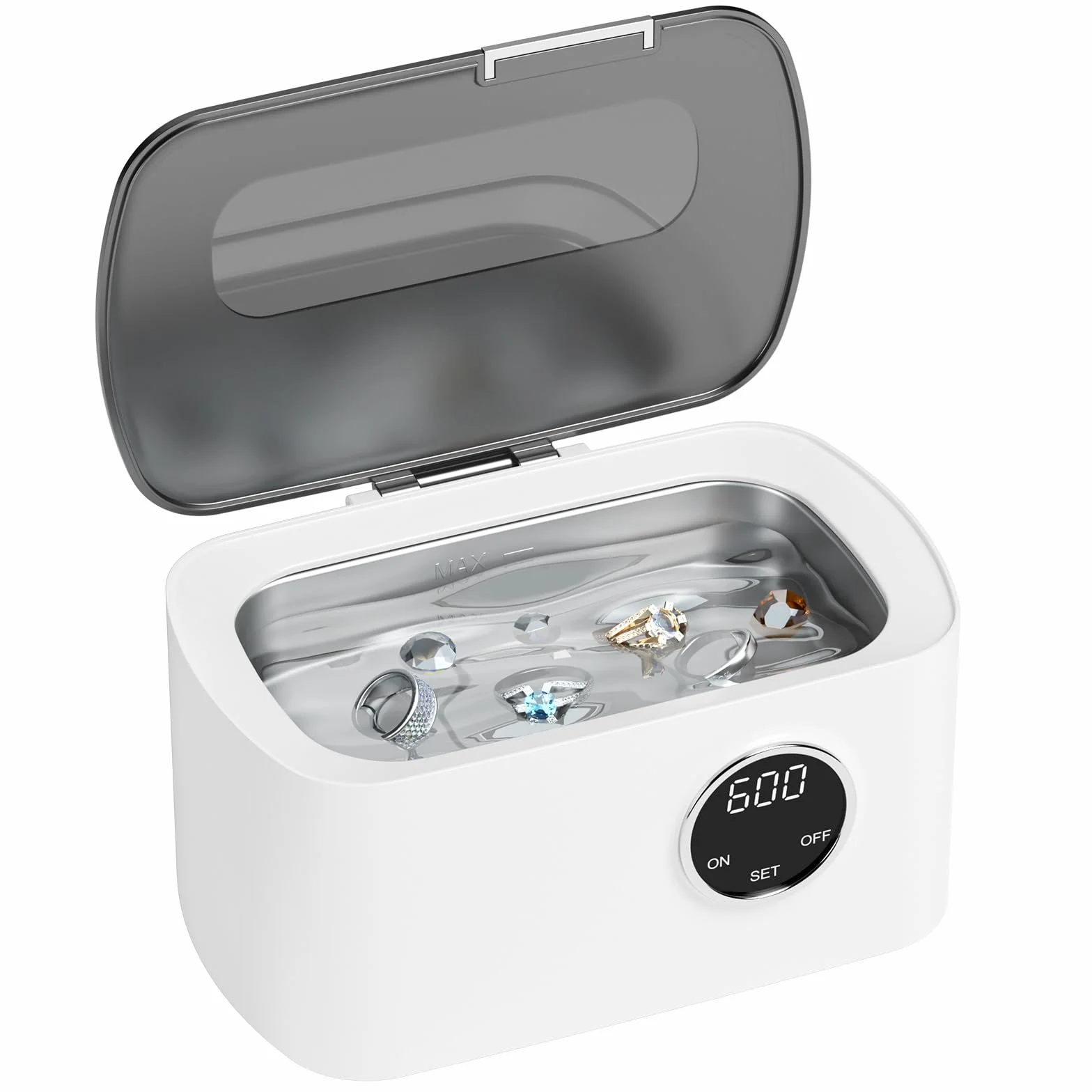Ultrasonic Cleaner Ultradźwiękowe urządzenie czyszczące, ultrasoniczna myjka z 5 funkcjami czasowymi i cyfrowym wyświetlaczem, 600 ml, do okularów, biżuterii, zegarków, protez, plastik
