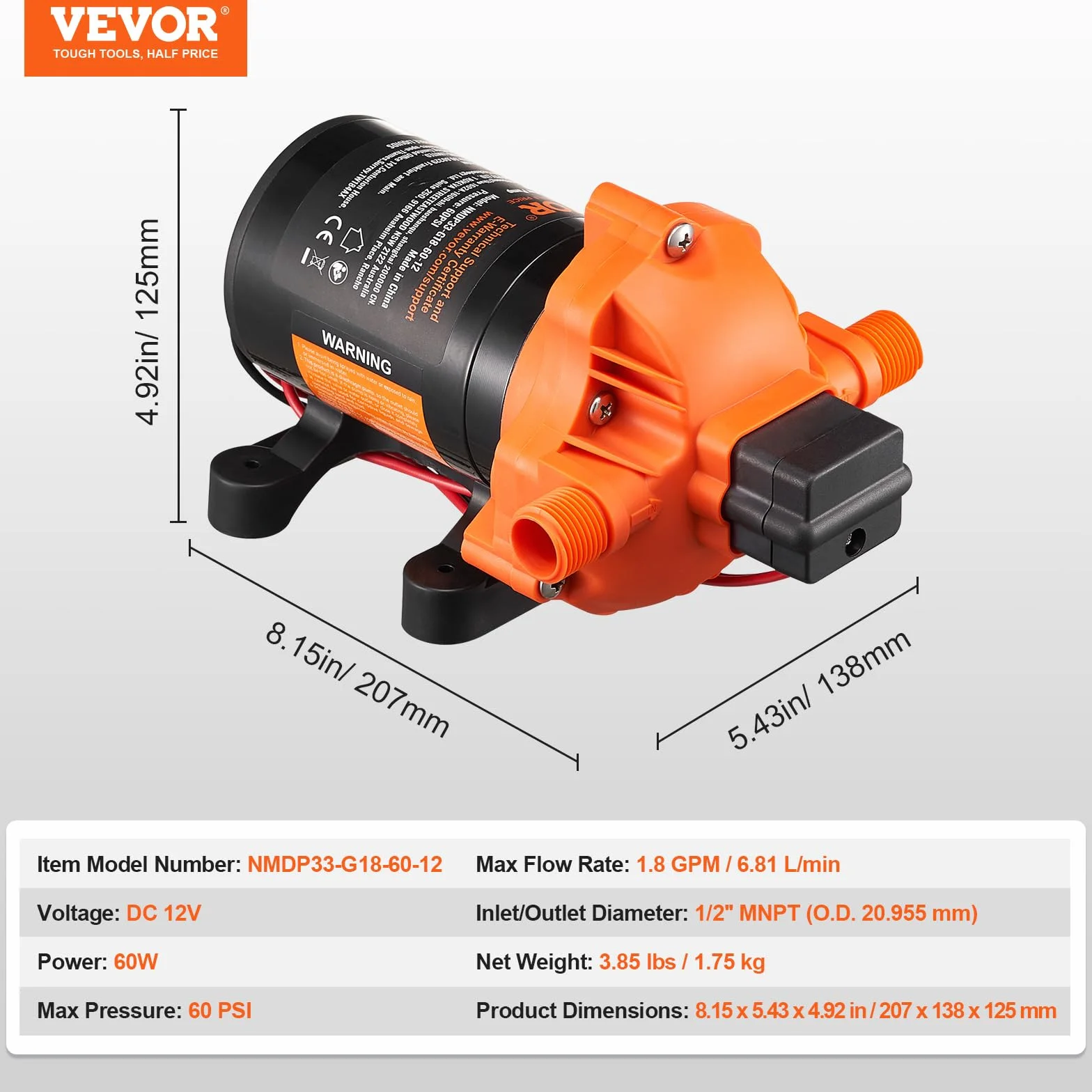 VEVOR Pompa membranowa 12 V, 1,8 GPM, 6,81 l/min, 3-komorowa pompa wodna 12 V DC z automatycznym wyłącznikiem ciśnienia 40 – 100 PSI, 60 PSI, port MNPT do kamperów, jachtów, kamperów, kamperów, łodzi