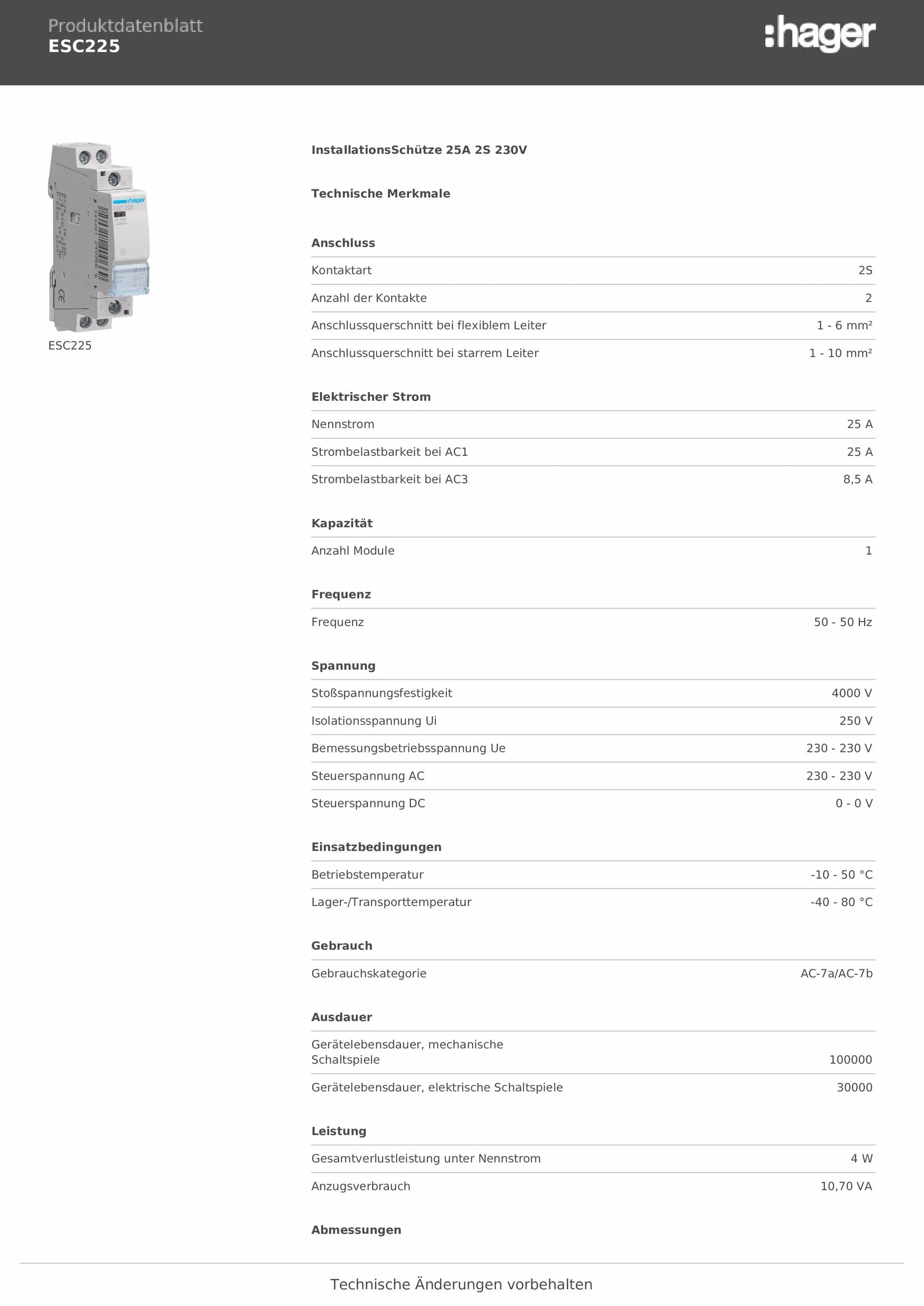 Hager ESC225 stycznik ochronny 25 A 2 NA 230 V