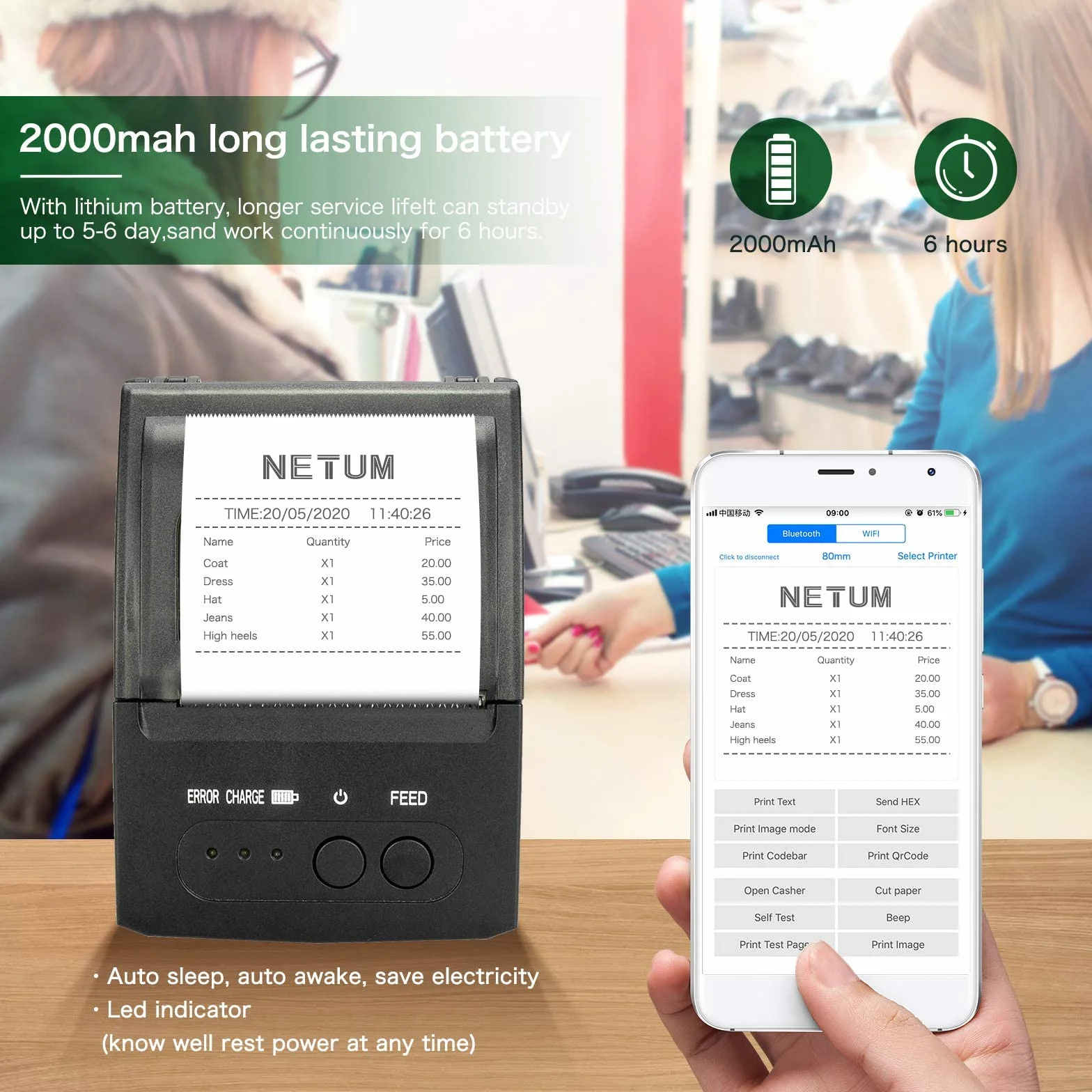 NETUM Drukarka pokwitowań Bluetooth, przenośna mini termiczna drukarka POS 58 mm bez etui, kompatybilna z systemem Android/Windows