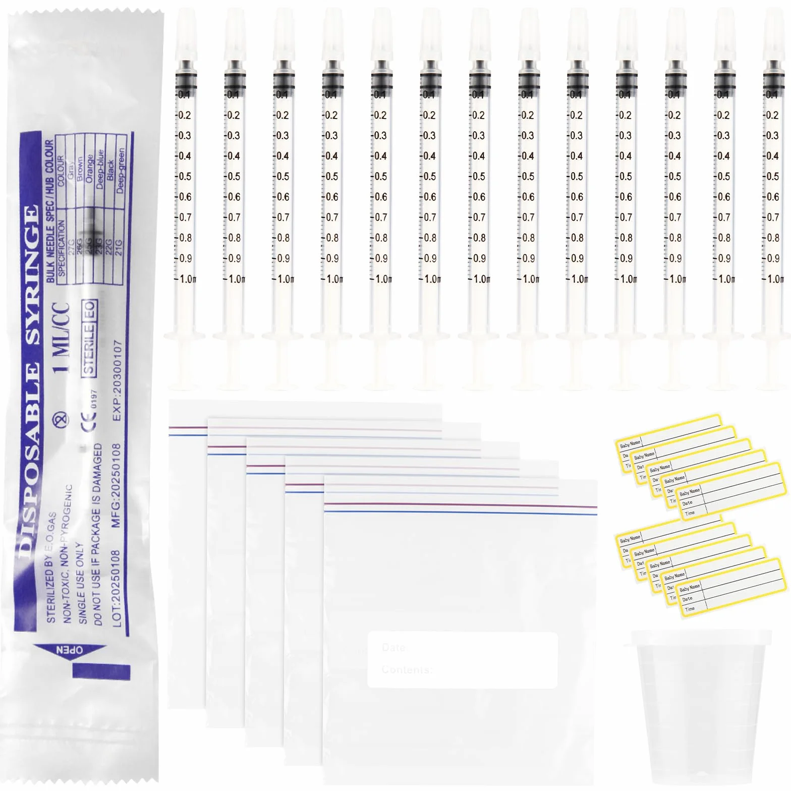 Strzykawki z siarą 1 ml z nakrętkami, zestaw kolekcjonerski siary z miarką 30 ml, 5 worków do przechowywania i 50 naklejek, do napełniania, odmierzania płynów, laboratoriów naukowych, podlewania