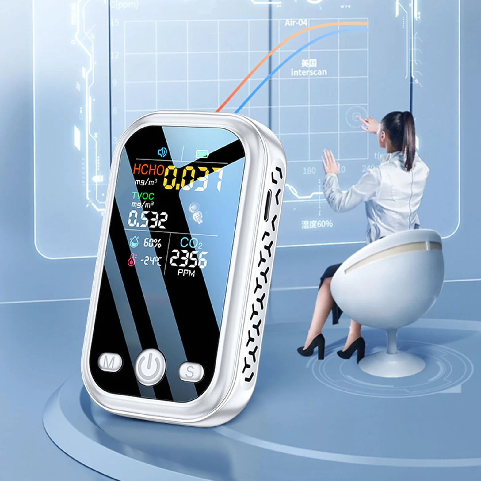 Monitor Jakości Powietrza 5 w 1 Wielofunkcyjny Inteligentny Przenośny Czujnik Temperatury i Wilgotności CO2 Tester Jakości Powietrza w Ograniczonej Przestrzeni (WHITE)