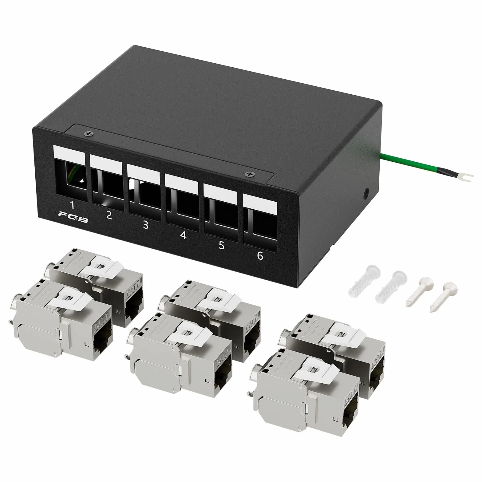 FGB Panel krosowy 10 Gbps 6 portów CAT7 z 6 x CAT.7 RJ45 Keystone Jack Modul, STP panel krosowy do sieci LAN DSL, kompatybilny CAT6 CAT6a CAT7 CAT8 kabel sieciowy
