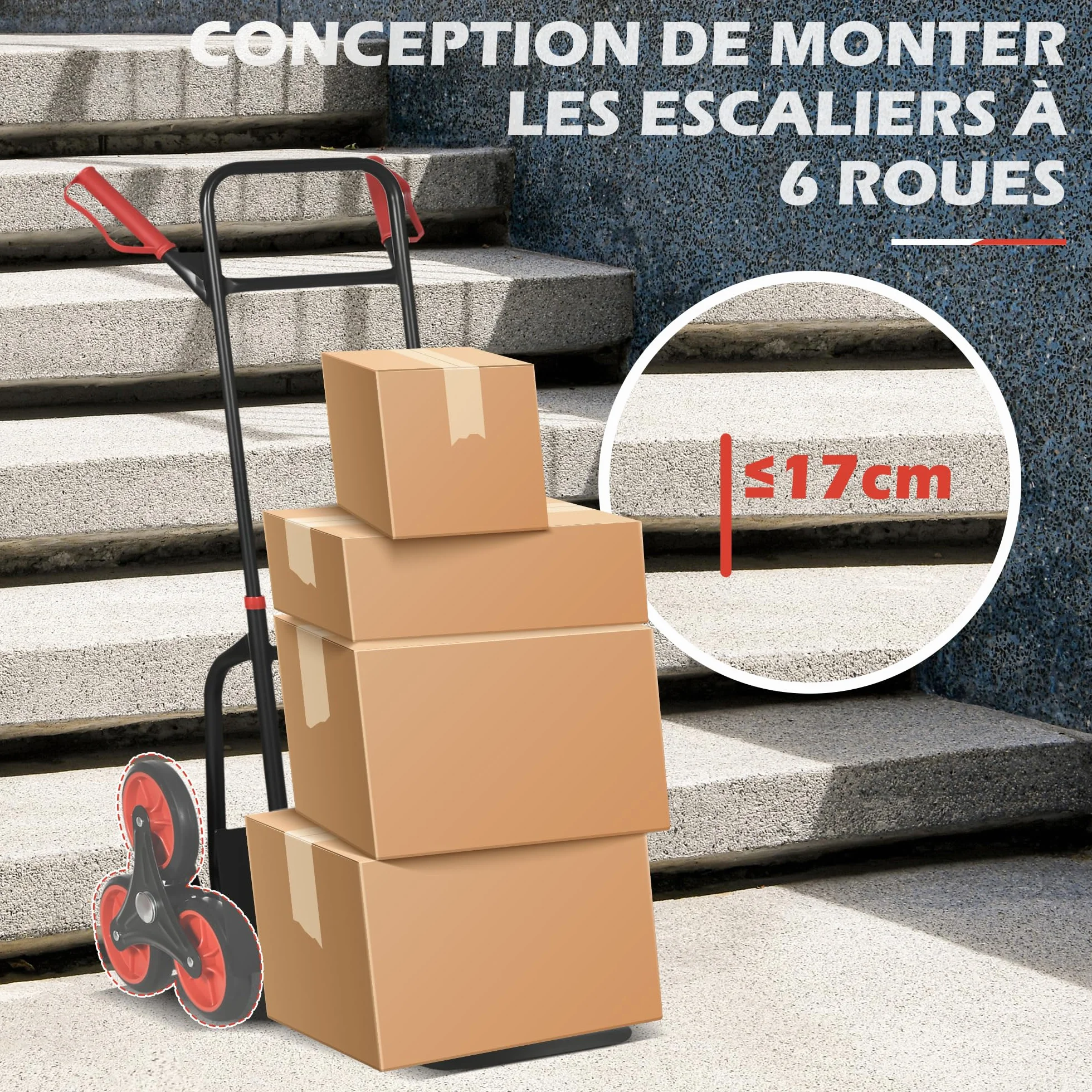 HOMCOM Wózek schodowy 6 kół rozkładany transportowy 120 kg stalowy czarny czerwony