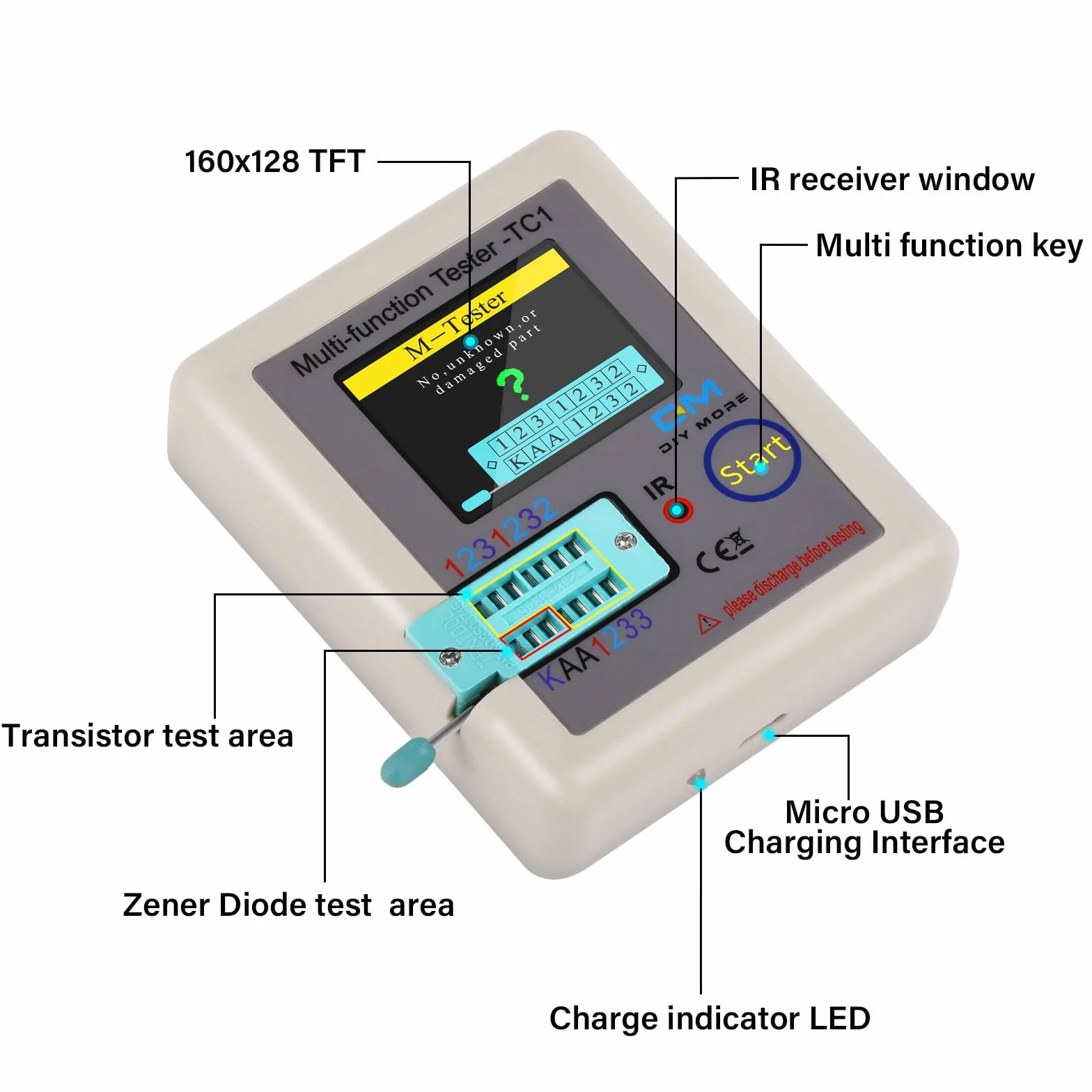 Diymore LCR-TC1 Wielofunkcyjny tester ESR, miernik TFT do tranzystorów, indukcyjności, rezystancji, pojemności, diod, triod, kondensatorów, NPN, PNP, MOSFET