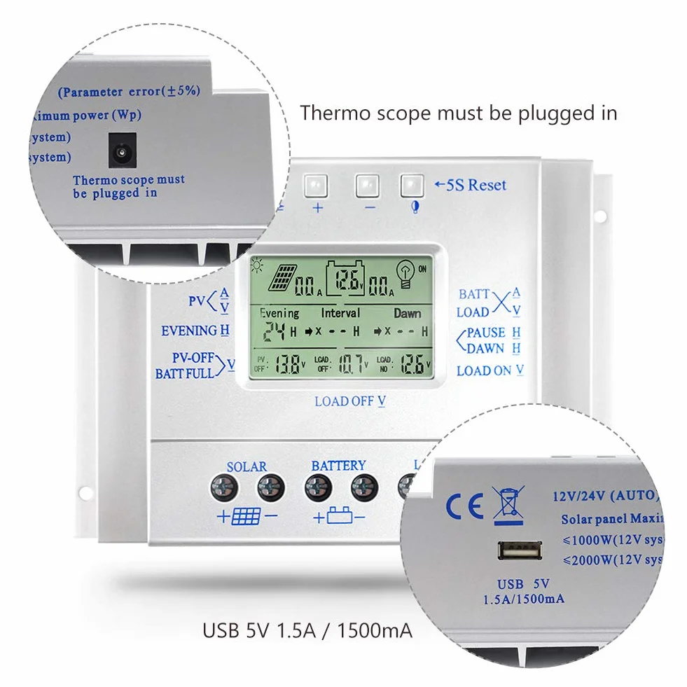 Kontroler ładowania słonecznego 80 A, regulator solarny 12 V/24 V, 80 A, dla maks. wejścia 48 V, ze sterowaniem światłem i timerem, wyjście USB 5 V