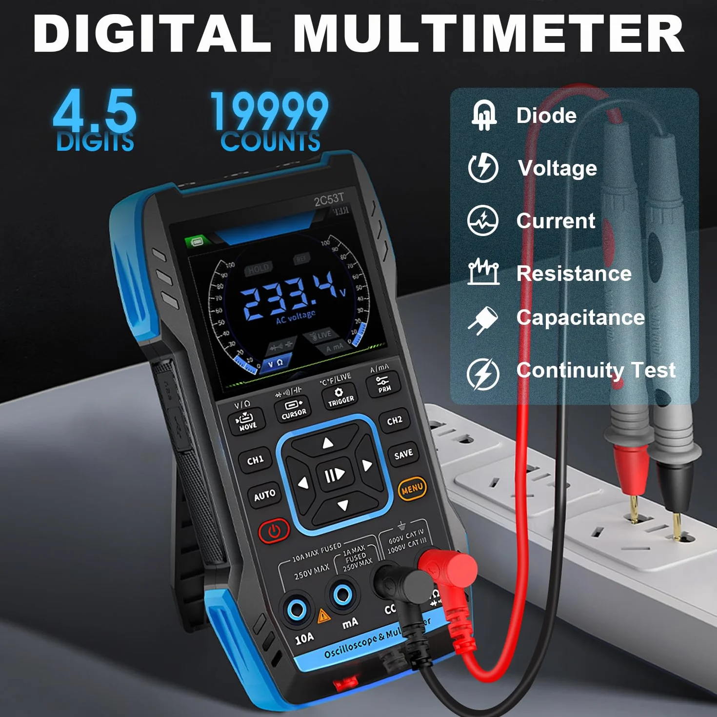 Handheld oscyloskop 3 w 1 Upgrade cyfrowy oscyloskop, multimetr, generator DDS z podwójnym kanałem, częstotliwość próbkowania 250 MS/s, szerokość pasma 50 MHz, liczenie 19999, napięcie, prąd