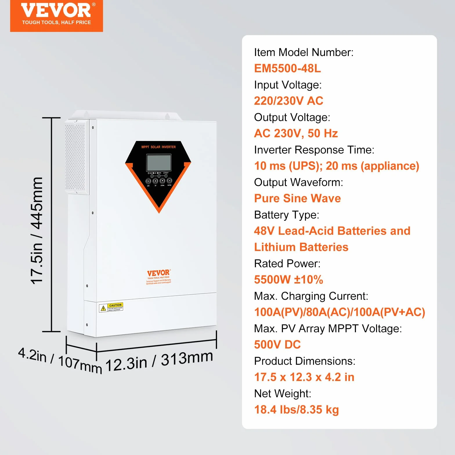 VEVOR Hybrydowy inwerter 5500 W, hybrydowy falownik solarny ładowarka zewnętrzna czysta fala sinusoidalna 230 V AC z wbudowanym kontrolerem ładowania słonecznego MPPT 100 A, ładowanie hybrydowe,