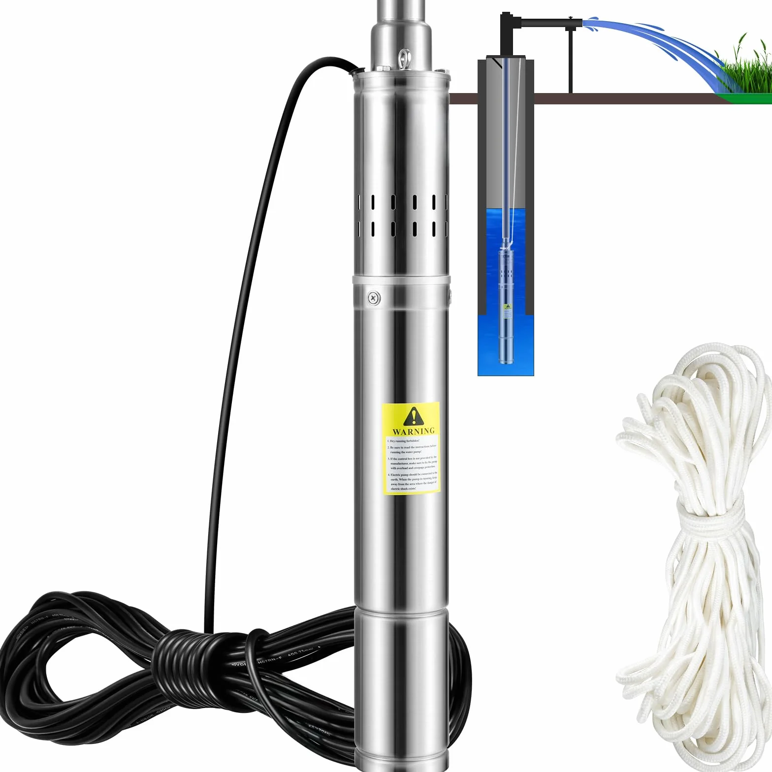 VEVOR Pompa zatapialna 550 W Przepływ 35 l/min do basenu ogrodowego ogrodu ze stali nierdzewnej, pompa głębinowa do głębinowych studni 230 V maks. wysokość tłoczenia 108 m, pompa zatapialna